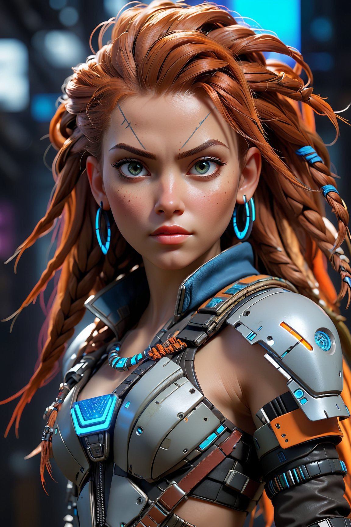 (best quality, 4K, 8K, highres), ultra-detailed, (futuristic cyberpunk illustration) portraying an American Caucasian heroine reminiscent of Aloy from Horizon Zero Dawn. Immerse yourself in a mesmerizing digital realm where this iconic character dons a cutting-edge cyberpunk ensemble, covering her entire figure. The high-resolution artwork unveils a world of urban sleekness, featuring Aloy in a sleek and modern cyberpunk outfit that gleams with reflective surfaces and neon accents, creating a visually striking and technologically advanced aesthetic. The artist's skilled strokes vividly capture Aloy's determination and strength, with atmospheric lighting that intensifies the cyberpunk ambiance. An exceptional masterpiece that seamlessly fuses gaming and cyberpunk elements, presenting Aloy in a new light that resonates with awe-inspiring futuristic glory.