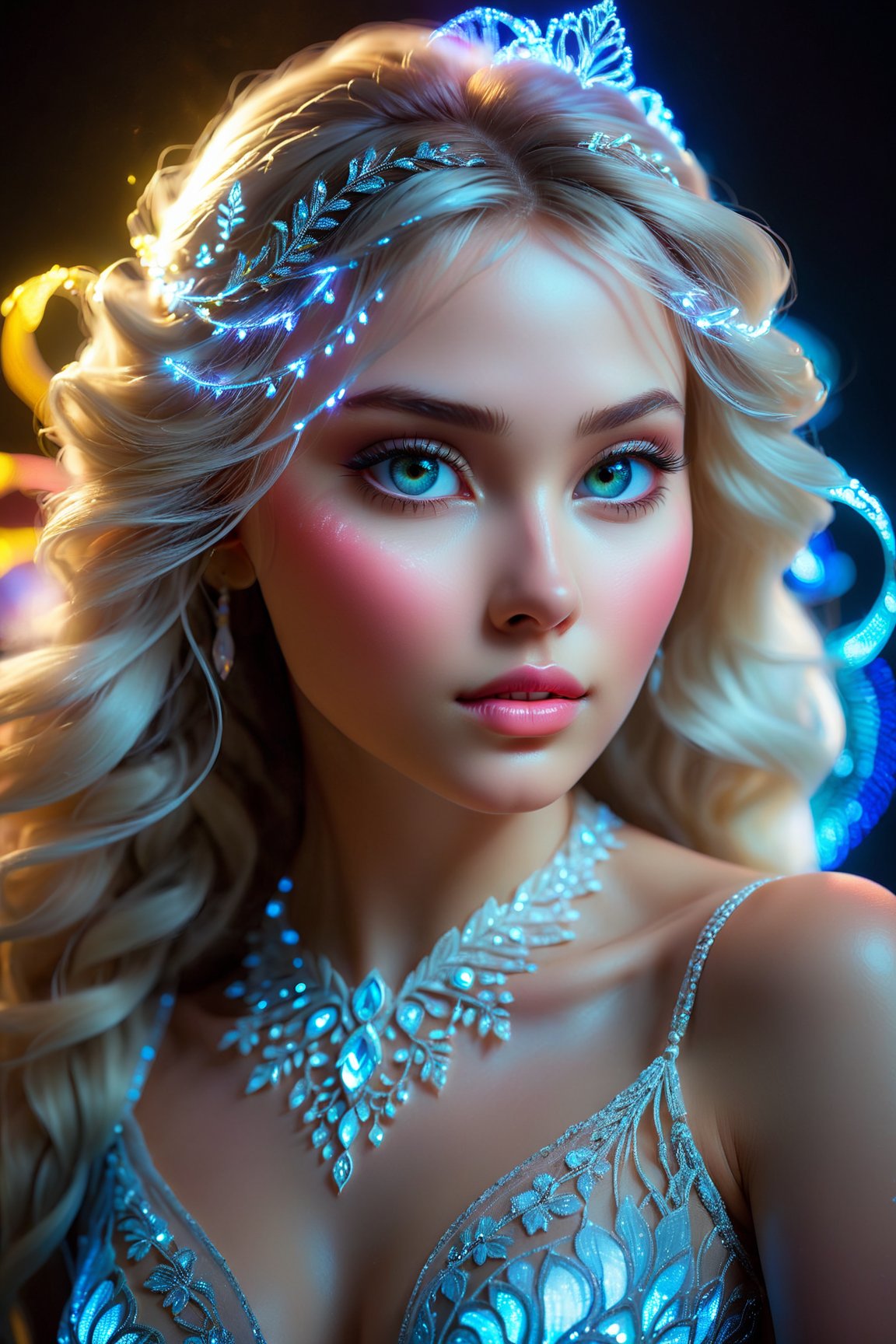 (high quality, 4k, 8k, highres, masterpiece:1.2), ultra-detailed, realistic, beautiful detailed eyes, beautiful detailed lips, extremely detailed eyes and face, longeyelashes, fantastic magical portrait, breathtaking glowing silhouette of a woman, ethereal and dreamlike figure, dressed in flowing delicate garments, gentle gaze piercing through the darkness, mysterious aura surrounding her, translucent skin emitting a soft radiance, translucent body like an ethereal apparition, curved lines and graceful movements, neon lights illuminating her delicate features, glimmering light particles floating around her, creating a surreal and otherworldly atmosphere, vibrant and vivid colors, painted with mesmerizing cmyk colors, adding depth and dimension to the portrait, backlit by a mesmerizing glow, casting a beautiful and enchanting aura around her, masterfully captured moment frozen in time, amazing fusion of the real and the surreal, creating a captivating and immersive visual experience.