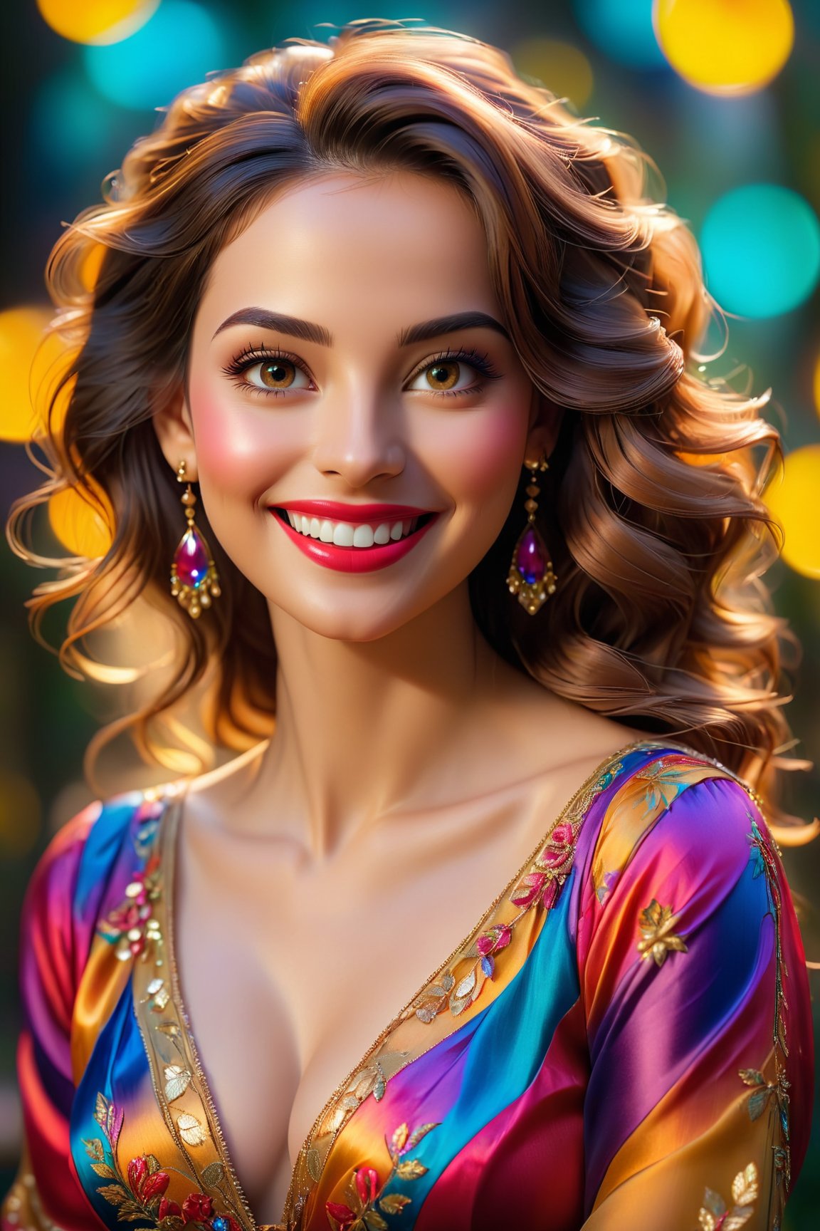 (best quality, 4k, 8k, highres, masterpiece:1.2), ultra-detailed, realistic beauty, woman with a captivating smile, fancy portrait, vibrant colors, soft lighting, fine art, bokeh