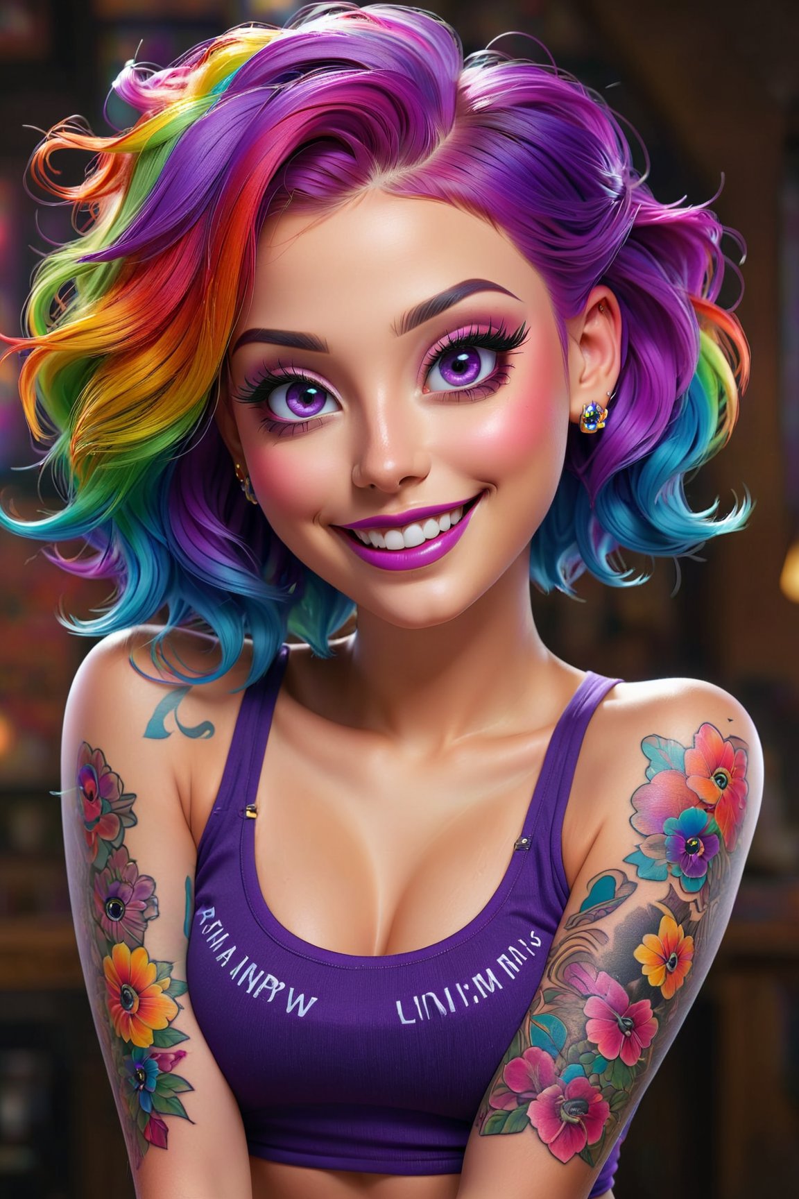 (best quality,  highres)women,  short crop top,  rainbow hair,  purple eyes,  cute smile,  full body tattoo,  beautiful detailed eyes,  beautiful detailed lips,  extremely detailed eyes and face,  long eyelashes,  vivid colors,  physically-based rendering,  studio lighting,  portraits
