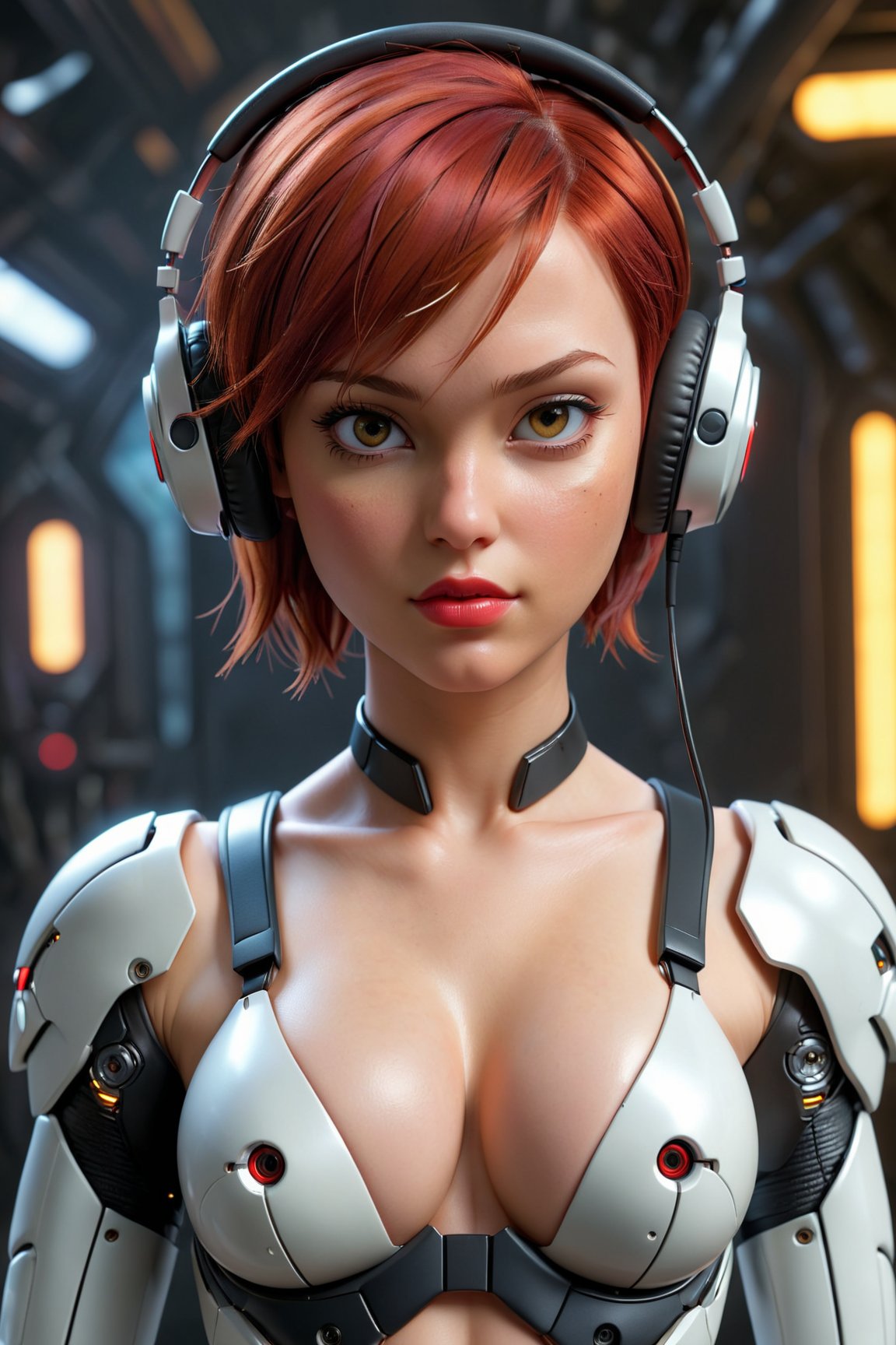(best quality, 4k, 8k, highres, masterpiece:1.2), ultra-detailed, (realistic, photorealistic, photo-realistic:1.37), 1girl,solo,breasts,looking at viewer,short hair,medium breasts,upper body,red hair,lips,bodysuit,headphones,science fiction,realistic,cyborg,cyberpunk