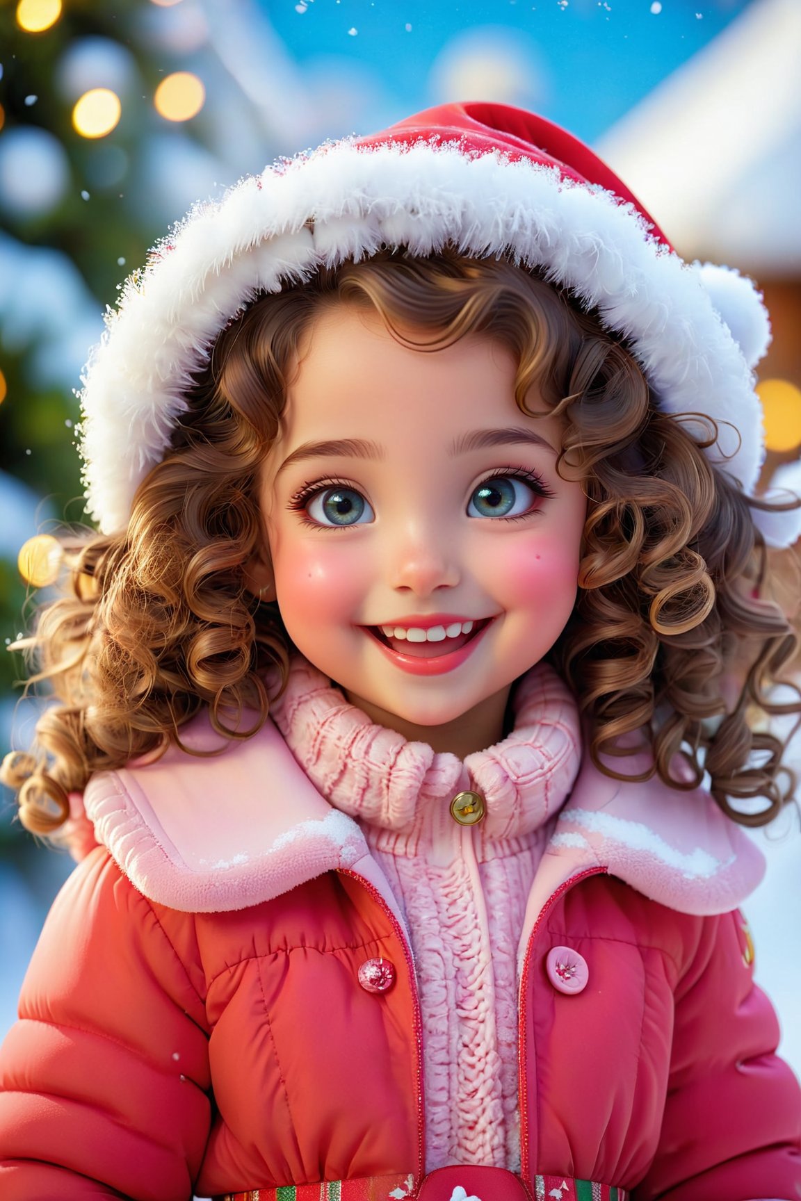 best quality, cute little girl, christmas outfit, cute smiley, blushing face, detailed eyes, detailed lips, curly hair, rosy cheeks, sparkling eyes, joyful expression, snowy background, winter scenery, soft lighting, vibrant colors, festive atmosphere