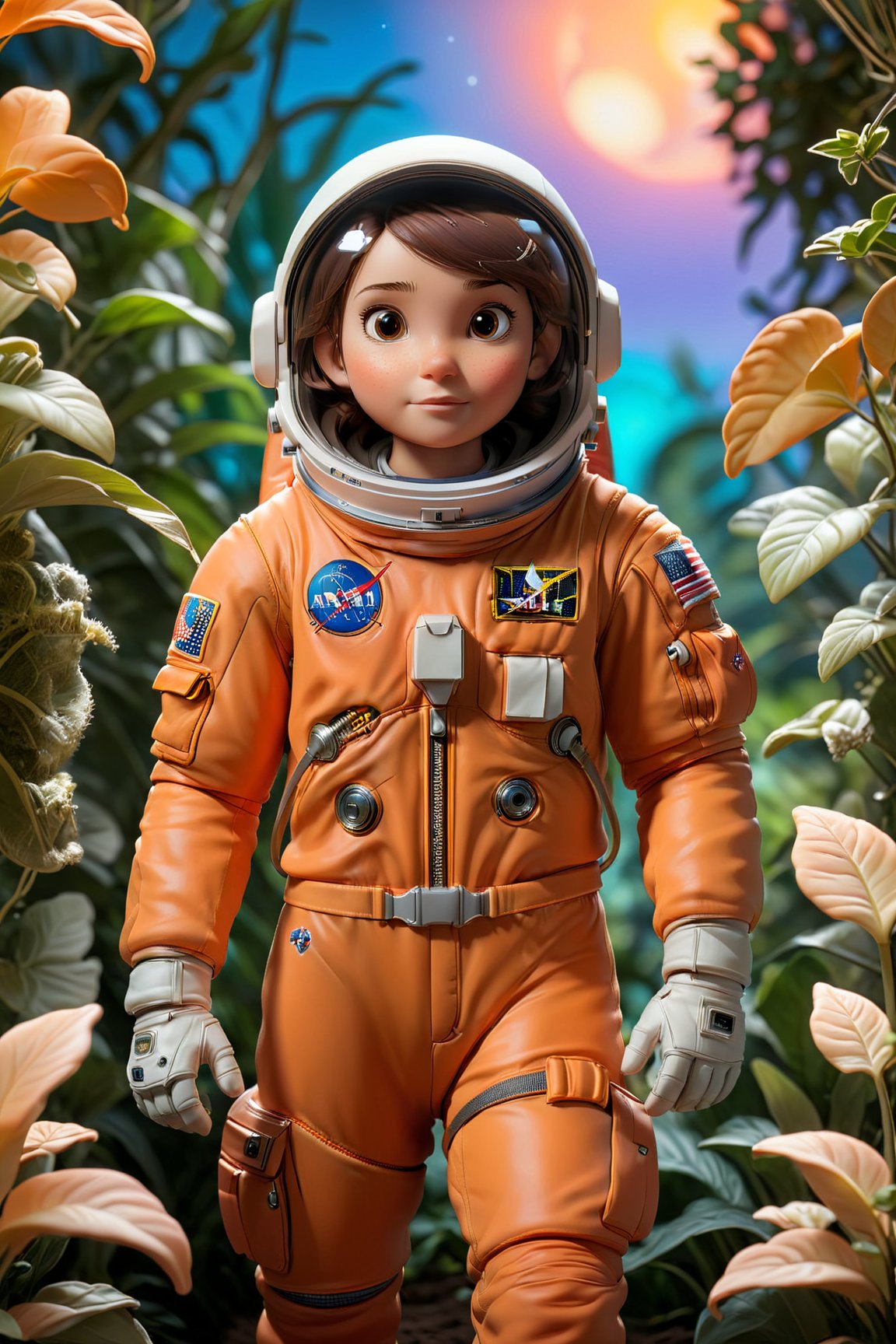 An astronaut in an orange astronaut outfit, standing against a sunset background. The astronaut is positioned front facing and is shown from the waist up. The sunset provides a warm and vibrant color palette. The scene is surrounded by lush plants, adding a touch of nature to the composition. The image quality is top-notch and high-resolution, with ultra-detailed features. The style of the artwork is realistic, with vivid colors and professional craftsmanship. The lighting accentuates the astronaut's figure, creating a captivating atmosphere