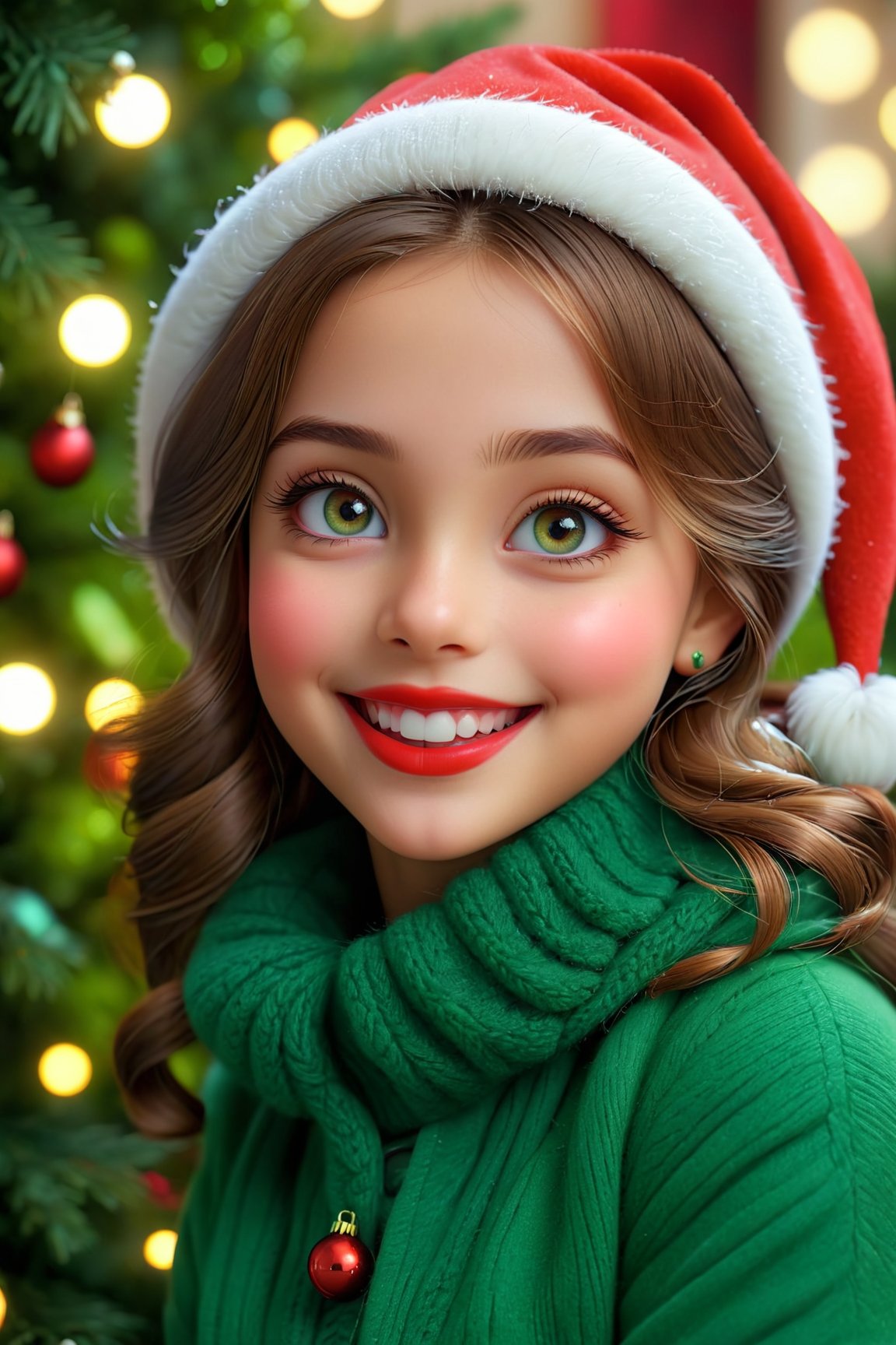 (best quality,  4k,  8k,  highres,  masterpiece:1.2),  ultra-detailed,  (realistic,  photorealistic,  photo-realistic:1.37),  cute little girl,  cute smile,  beautiful detailed eyes,  beautiful detailed lips,  long eyelashes,  portrait,  Christmas background,  soft lighting,  playful expression,  red and green color palette,  cozy atmosphere,  happy mood,  warm clothing,  decorative ornaments,  sparkling snowflakes,  joyful celebration,  vibrant colors,  happy holiday vibes