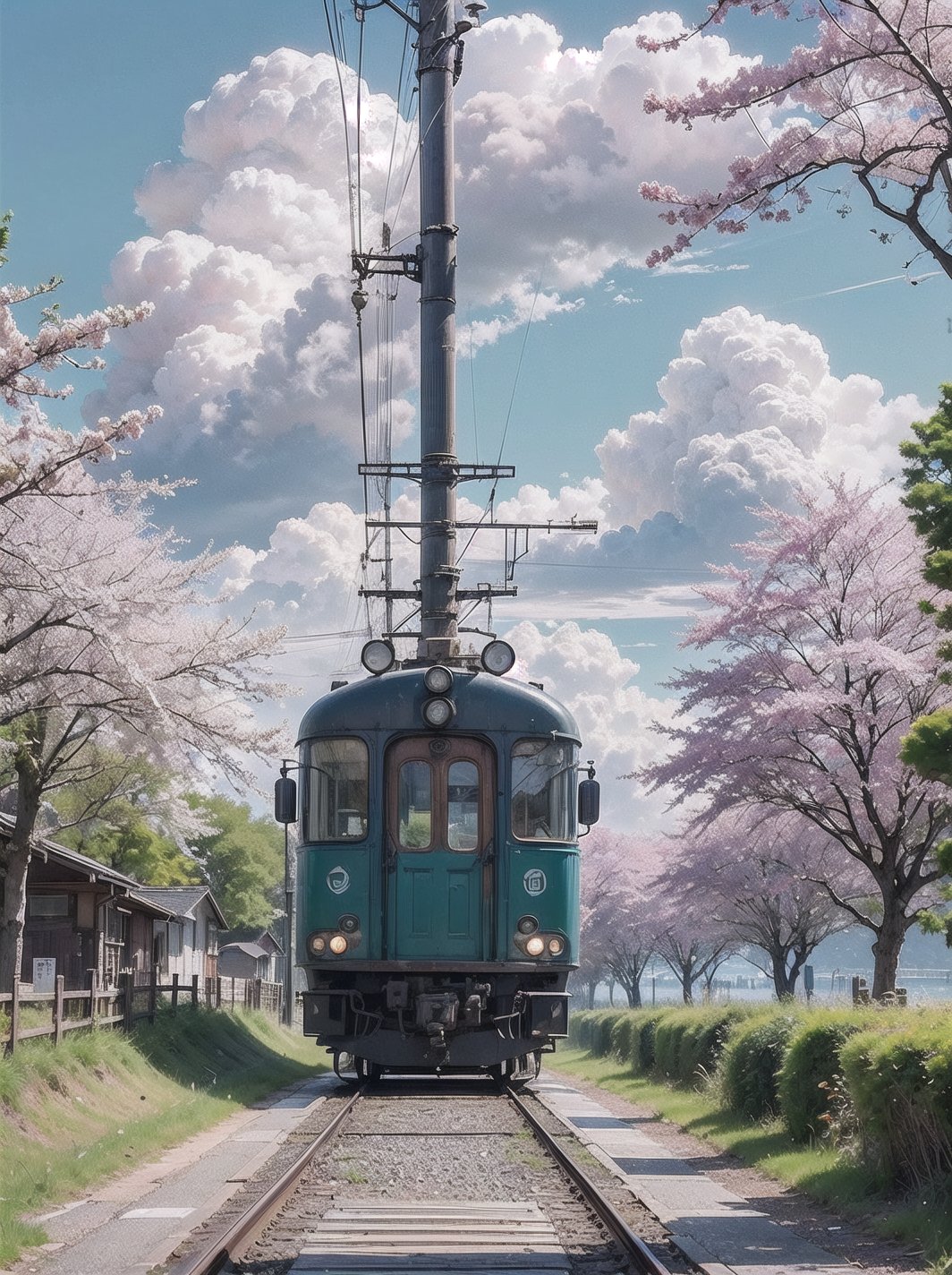 Beautiful pastel background wallpaper, blue sky, clouds, sunshine, ocean, beach, train, railroad crossing, old train station, detailed trees, cherry blossoms, detailed background, 8k, details, ultra realistic, pastelbg, clear water, water way, ,breakdomain