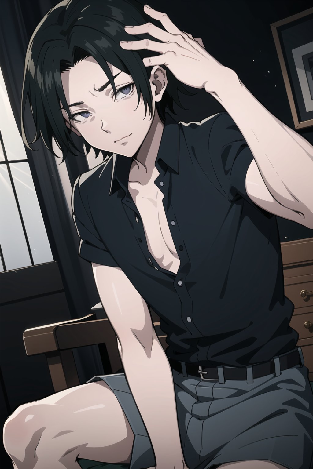 masterpiece, best quality,Looking at viewer, solo, male, 1boy,indoors, upper_body,  light ray, sitting, feitan, black_hair, black_eyes, open shirt,