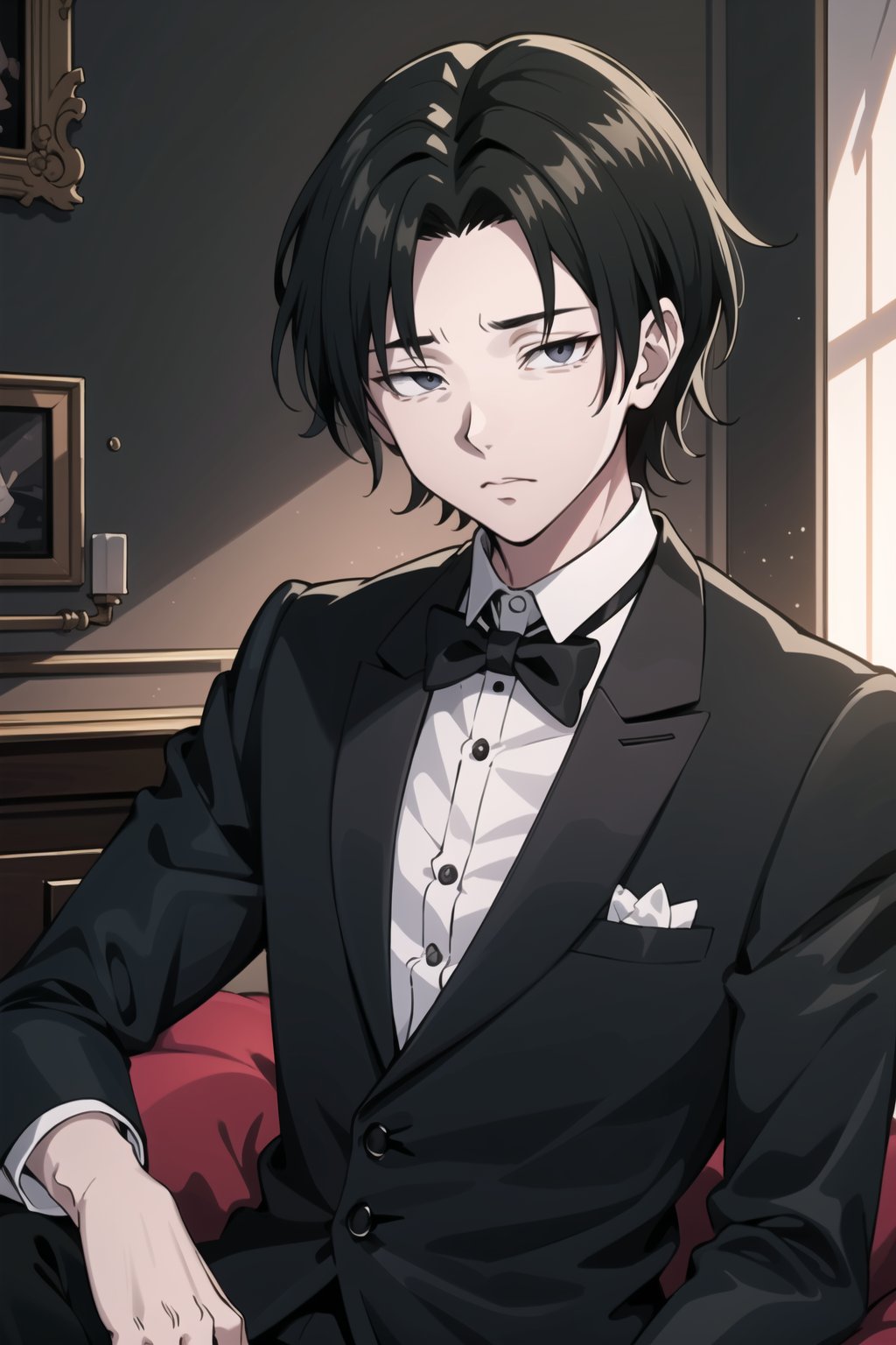 masterpiece, best quality,Looking at viewer, solo, male, 1boy,indoors, upper_body,  light ray, sitting, feitan, black_hair, black_eyes, black jacket, white jacket, black bow tie,