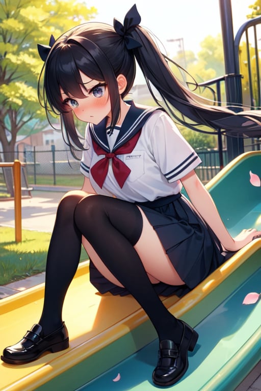 (((masterpiece))),  (((best quality))),  full body,  side view,  girl sitting on park slide in playground,  big tits,  school uniform,  pleated skirt,  stockings,  shoes,  black twintail,  ribbon,  frown,  shy,  blush,  petal,  wind,<lora:EMS-245650-EMS:0.600000>