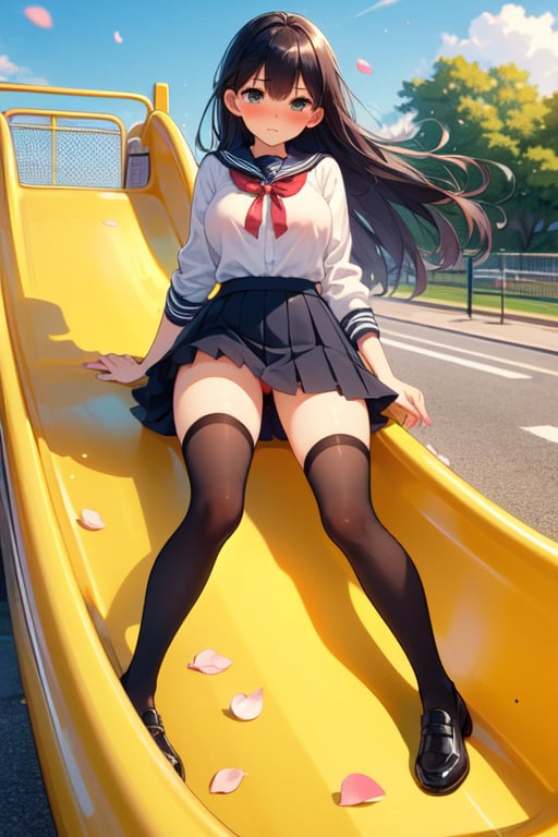 (((masterpiece))),  (((best quality))),  full body,  front view,  girl ((lying)) on park slide in playground,  big tits,  school uniform,  pleated skirt,  ((hips)),  legs,  stockings,  shoes,  black twint/ail,  ribbon,  frown,  shy,  blush,  petal,  wind,<lora:EMS-245650-EMS:0.800000>