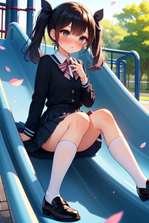 (((masterpiece))),  (((best quality))),  full body,  side view,  girl sitting on park slide in playground,  leg on slide,  big tits,  school uniform,  pleated skirt,  stockings,  shoes,  black twintail,  ribbon,  frown,  shy,  blush,  petal,  wind,<lora:EMS-245650-EMS:1.000000>