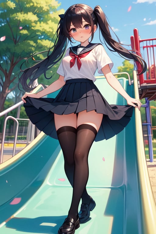 (((masterpiece))),  (((best quality))),  full body,  front view,  girl standing on park slide in playground,  big tits,  school uniform,  pleated skirt,  stockings,  shoes,  black twintail,  ribbon,  frown,  shy,  blush,  petal,  wind,<lora:EMS-245650-EMS:0.750000>