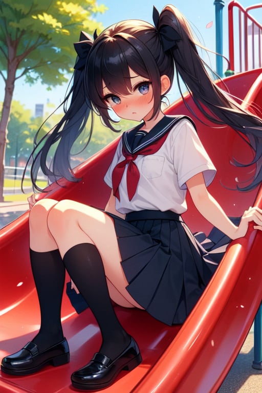(((masterpiece))),  (((best quality))),  full body,  side view,  girl sitting on park slide in playground,  leg on slide,  big tits,  school uniform,  pleated skirt,  stockings,  shoes,  black twintail,  ribbon,  frown,  shy,  blush,  petal,  wind,<lora:EMS-245650-EMS:1.000000>