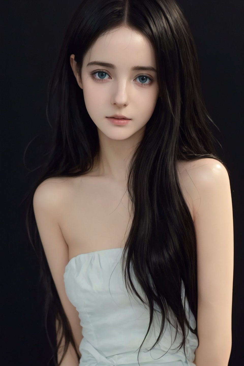 (8k, best quality, masterpiece:1.2),(best quality:1.0), (ultra highres:1.0), a beautiful girl, topless, big eyes, by agnes cecile, from head to waist, extremely luminous bright design, autumn lights, long black shiny hair, black background, ,masterpiece
