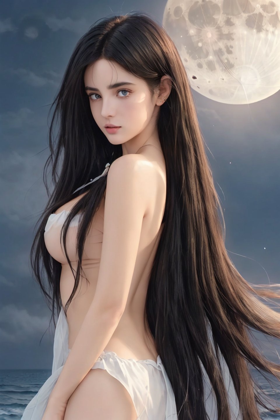 ((High resolution)), ((Fine detail)), (High-definition CG), HDR, (glowing:1.2), (illustration:1.3), 1girl, wearing flowing sheer, long sheer, clean skin, fair skin, (side back:1.4), (long flowing hair:1.5), (black hair), strong winds, (topless:1.5), medium full shot, (beautiful face), side bangs, (beautifull eyes, details eyes:1.3), dynamic pose, blue and white theme with glowing addition, (super big bright full moon in all background:1.2), (tele zoom:1.5),
