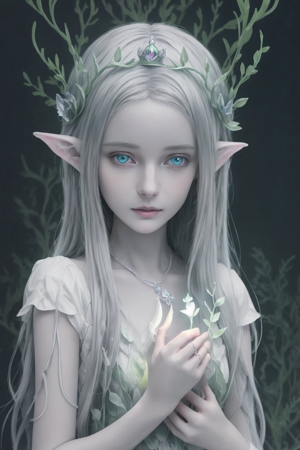 HDR, Ultra detailed illustration of a elf  with crown lost in a magical world full of wonders forest, unique luminous flora, highly detailed, pastel colors,  digital art, art by Mschiffer, night, dark, grey bioluminescence, (darkness background:1.2), 1girl, white skin, pale skin, 