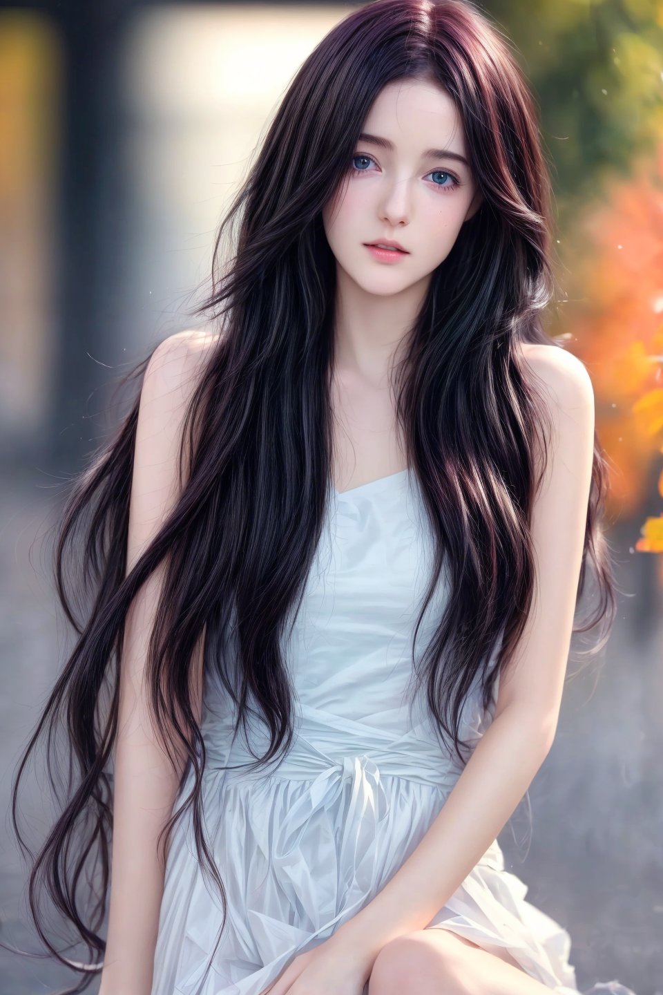 (8k, best quality, masterpiece:1.2),(best quality:1.0), (ultra highres:1.0), a beautiful girl, hair ribbons, by agnes cecile, from head to waist, extremely luminous bright design,autumn lights, long hair,

