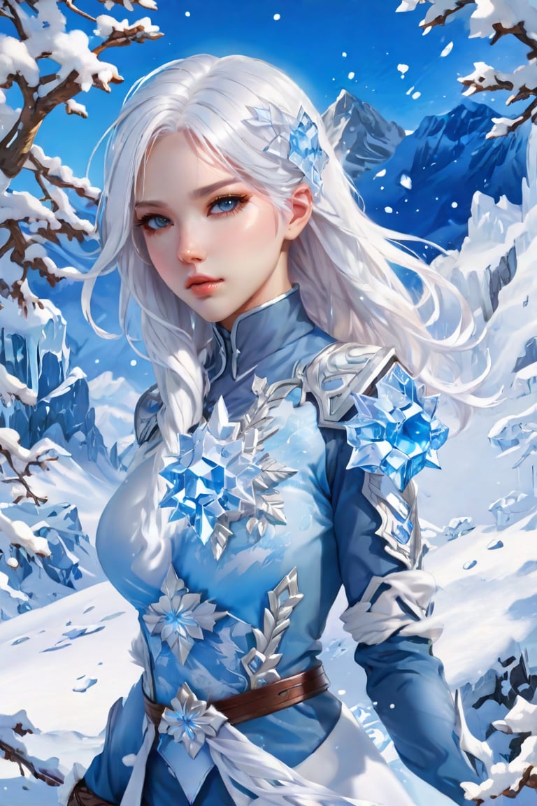 Illustrate a girl with the power of ice, featuring ice-white hair and clothing, set in a snowy landscape. Emphasize (((intricate details))), (((highest quality))), (((extreme detail quality))), and a (((captivating winter composition))). Use a palette of cool blues and whites, drawing inspiration from artists like Artgerm, Sakimichan, and Stanley Lau,midjourney,<lora:659095807385103906:1.0>