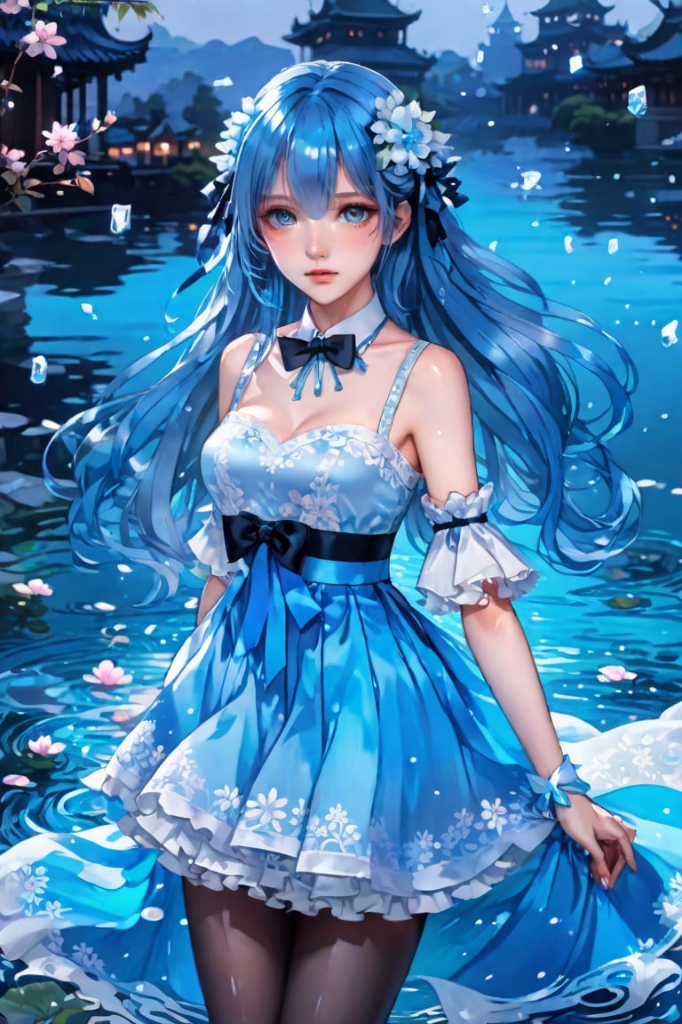 (((masterpiece))),best quality, illustration,(beautiful detailed girl),beautiful detailed glow,detailed ice,beautiful detailed water,(beautiful detailed eyes),expressionless,(floating palaces),azure hair,disheveled hair,long bangs, hairs between eyes,(skyblue dress),black ribbon,white bowties,midriff, big forhead, blank stare, flower, large top sleeves,,<lora:659095807385103906:1.0>
