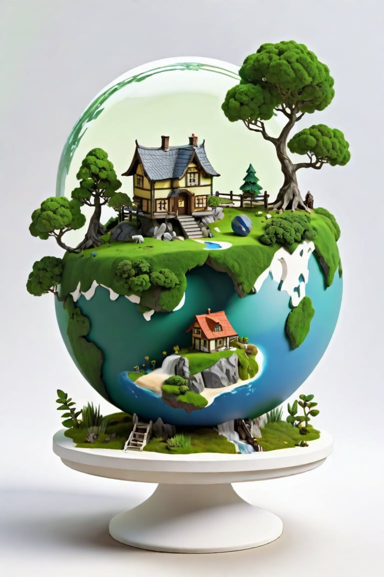 (best quality), (4k resolution), creative illustration of a miniature world on a white pedestal. The world is a green sphere with various natural and artificial elements. There is a river, trees, mountains, and a small house on the sphere. The image has a minimalist style with a light color palette that creates a contrast with the white background. The image gives a sense of wonder and curiosity about the tiny world and its inhabitants.,ff14bg,High detailed,<lora:659095807385103906:1.0>