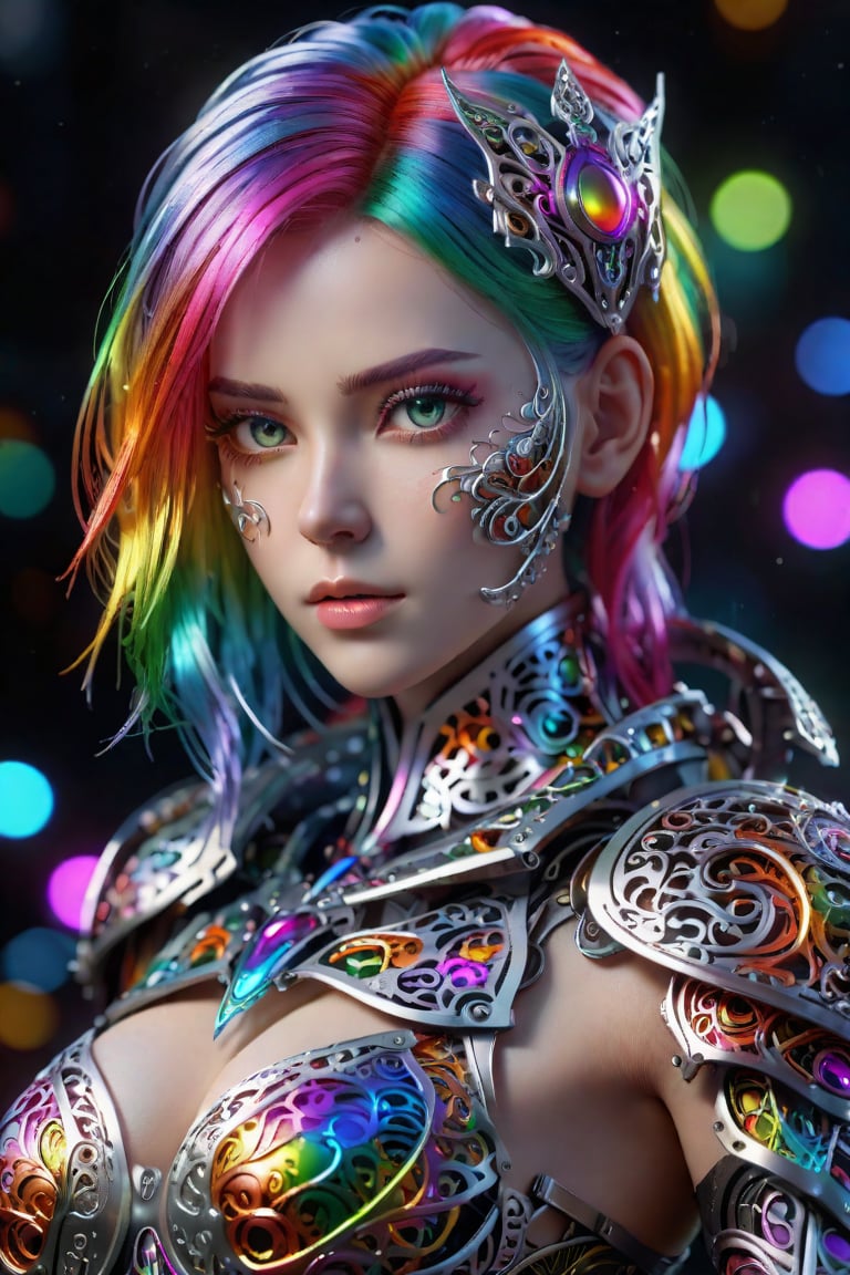 surreal photography of a stunning beautiful cyborg female, rainbow hair, huge breast, (beauty and detailed armor), embraced, delicate white filigree, intricate filigree, glowing, navel, highly detailed, intricate detailed, face symmetry, masterpiece, award-winning, sharp focus, concept art, low key, 8k, uhd, low key, octane render
,<lora:659095807385103906:1.0>