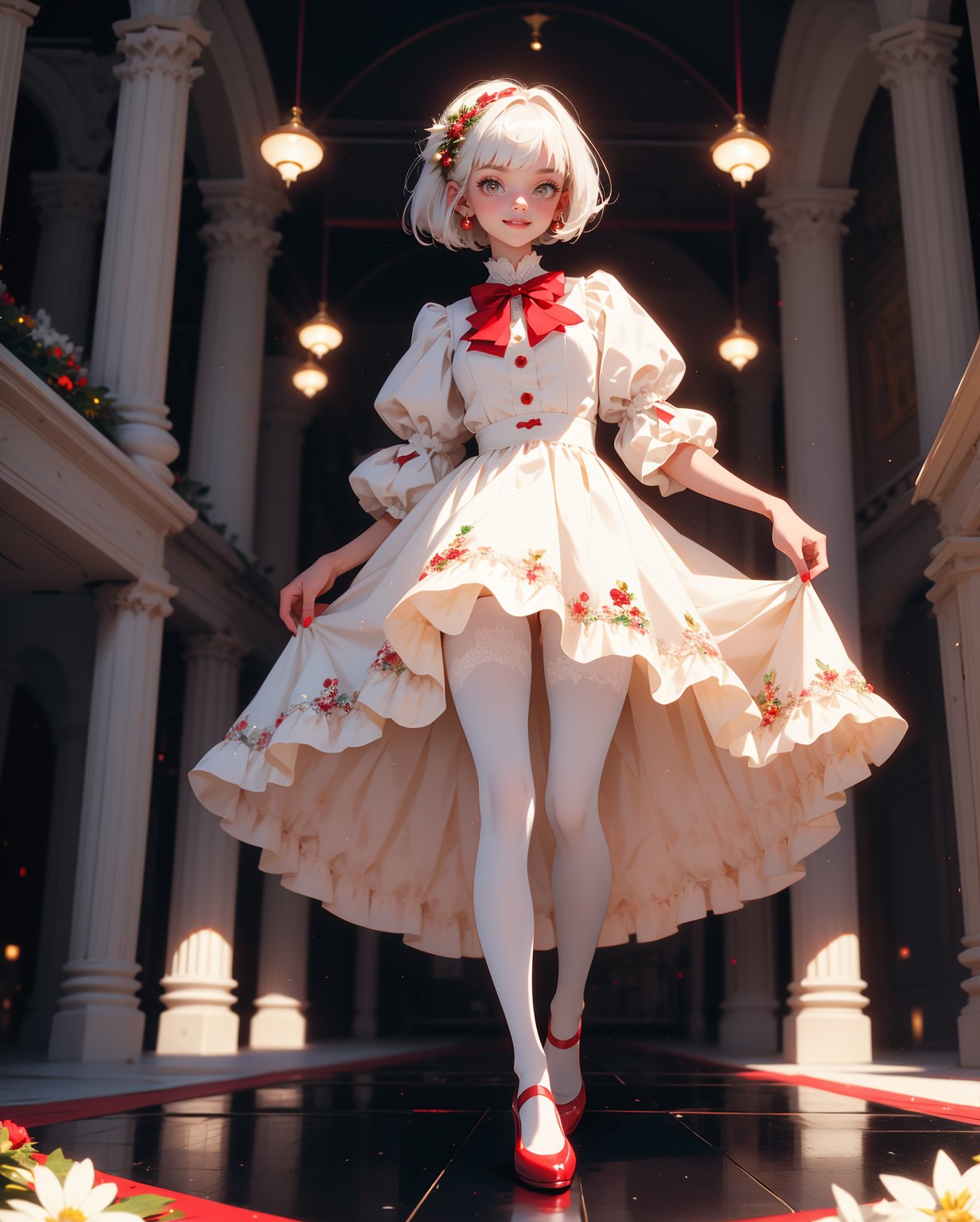 1girl,  21 years old,  solo,  dress,  short hair,  full body,  white hair,  bangs,  red nails,  white dress,  pantyhose,  smile,  bow,  blunt bangs,  gentle smile,  red footwear,  puffy sleeves,  white pantyhose,  white background,  standing,  standing on one leg,  red bow,  christmas,  skirt hold,  nail polish,  flower,  looking at viewer,  hair ornament,  bob cut,  merry christmas