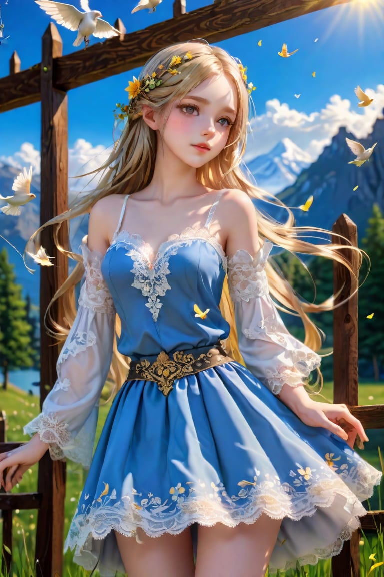 {masterpiece},{best quality},{1girl},Amazing,beautiful detailed eyes,solo,finely detail,Depth of field,extremely detailed CG,original, extremely detailed wallpaper,{{highly detailed skin}},{{messy_hair}},{small_breasts},{{longuette},{grassland},{yellow eyes},full body, incredibly_absurdres,{gold hair}.lace,floating hair,Large number of environments,the medieval ,grace,A girl leaned her hands against the fence,ultra-detailed,illustration, birds,Altocumulus,8kwallpaper,hair_hoop,long_hair,gem necklace,hair_ornament,prospect,water eyes,wind,breeze,god ray,lawn,Mountains and lakes in the distance,The skirt sways with the wind,The sun shines through the trees,A vast expanse of grassland,fence,Blue sky,bloom,smile,glow,The grass sways in the wind,<lora:659095807385103906:1.0>
