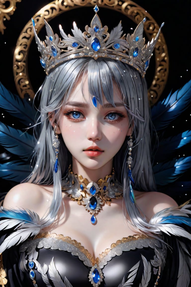 (((masterpiece))),best quality, illustration,(beautiful detailed girl), a girl ,solo,bare shoulders,flat_chst,diamond and glaring eyes,beautiful detailed cold face,very long blue and sliver hair,floaing black feathers,wavy hair,black and white sleeves,gold and sliver fringes,a (blackhole) behind the girl,a silver triple crown inlaid with obsidian,(sit) on the black ((throne)), (depth) of (field),<lora:659095807385103906:1.0>