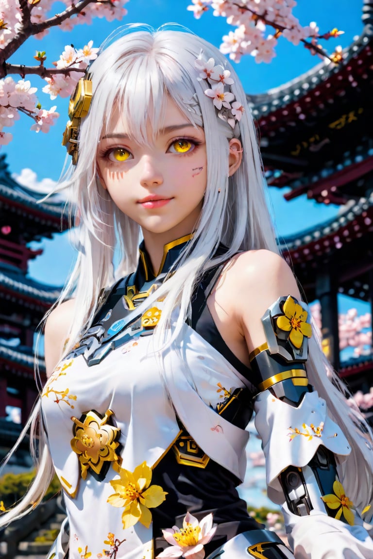 masterpiece, best quality, 1girl, yellow eyes, Beautiful face, delicate eyes, smile, long hair, white hair, tree, stairs, standing, sky, cherry blossoms, temple, looking at viewer, upper body, from below, looking back, ((Mecha)), young girl, Cyberpunk, CyberMechaGirl,<lora:659095807385103906:1.0>