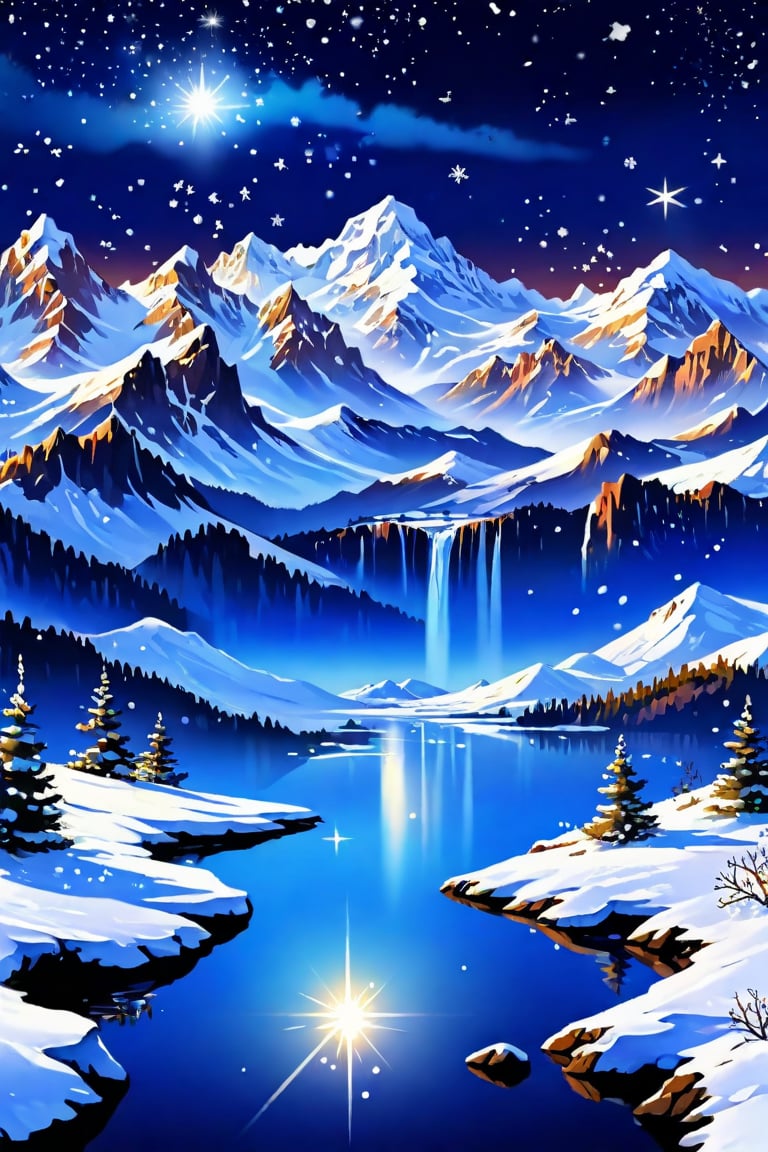 {{{masterpiece}}}, {{the best quality, super fine illustrations, beautiful and delicate water}}, {{very delicate light}}, {{nature, painting}}, {{fine lighting, more transparent stars, high-quality snowflakes, high-quality mountains, very fine 8KCG wallpapers}}, (plateau), (((snow mountain))), sunrise, randomly distributed clouds, (snow field), cliff, ((rotating star sky)), ((lake in mountain stream)), luminous particles,<lora:659095807385103906:1.0>