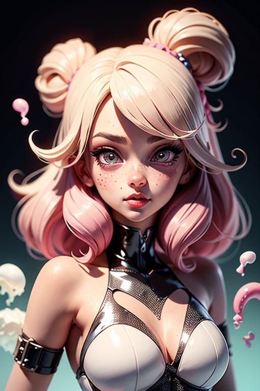 beautiful kawaii naughty girl, hyper detailed, cotton candy curly hair, candy freckles, bright makeup, holographic transparent candy dress, close-up portrait, highly detailed illustration, candyland character design, surrounded by swirls of ice cream and cream butter Pale pastel colors, bubblegum bubbles, gradient background. the candy girl