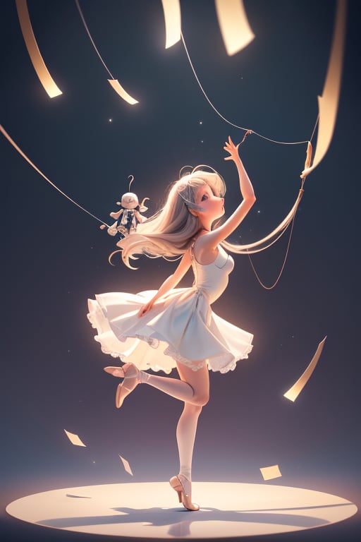 [(dollgirl,doll joints:1.2):(dollgirl,doll joints:1.5):15],holy ray,ballet outfit, Tyndall effect,(light particles:1.2),1girl, solo, dress, expressionless, looking up,chin up, tiptoes, white dress,floating long hair,marionette, puppet,(puppet strings:1.4),simple background,dynamic pose, dancing,ballet pose,on stage, full body, ripple,reflection,from side, from below,arms wide open, , spotlight,  robot_skin, android_skin