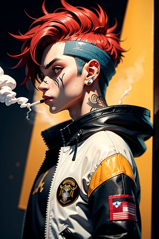 Best quality, masterpiece, 1boy, red hair, short hair, yellow eyes, spiky hair, tattoos, black pants, upper body, ear piercings, blue and white bomber jacket, profile picture, smoking
