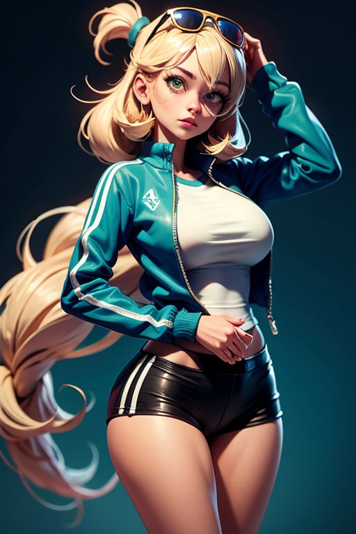 reed (arknights), 1girl, solo,green eyes,track jacket, shorts,large breasts, squirtle on head, best quality, amazing quality, very aesthetic, absurdres