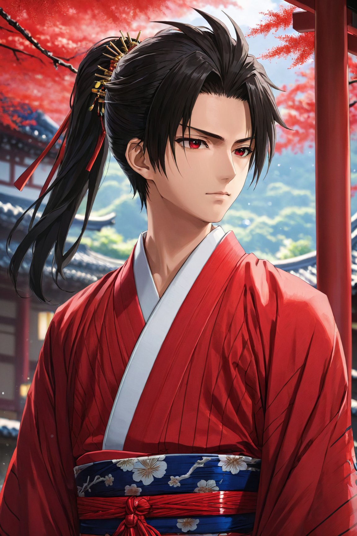 highres, sharp focus, pixiv masterpiece, ((intricate details)), highly detailed, yasuri_shichika, 1boy, male, stripe bead necklace, black hair, (spiked hair), ponytail, very long hair, red clothes, red open clothes, simple kimono, hakama