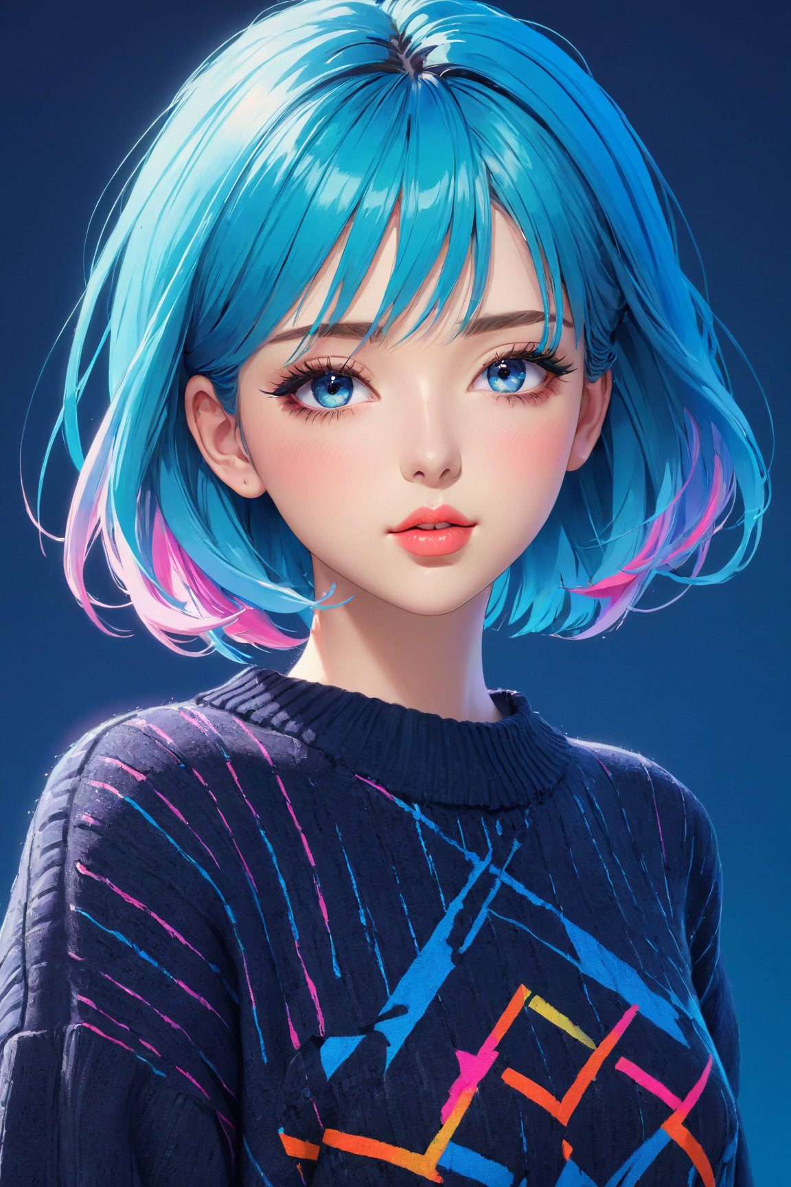 (best quality,realistic,anime:1.2),sketch,lip,beautiful detailed eyes,beautiful detailed lips,extremely detailed eyes and face,long eyelashes,strong expressions,soft touch,expressive poses,1girl,modern outfit,stylish clothes,neon hair,3D rendering,artistic brushstrokes,clean lines,vibrant colors,contrast,highlights,shadows,blue gradient background,texture,embroidered sweater,chic style,dynamic composition,interesting angle,textured crop,fashionable,cool vibes