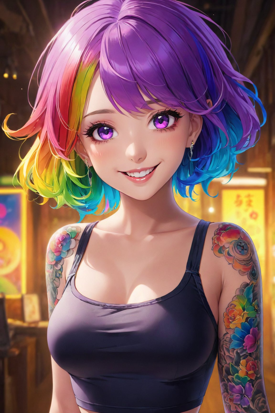 (best quality,  highres) anime,  girl,  short crop top,  rainbow hair,  purple eyes,  cute smile,  full body tattoo,  beautiful detailed eyes,  beautiful detailed lips,  extremely detailed eyes and face,  long eyelashes,  vivid colors,  physically-based rendering,  studio lighting,  portraits