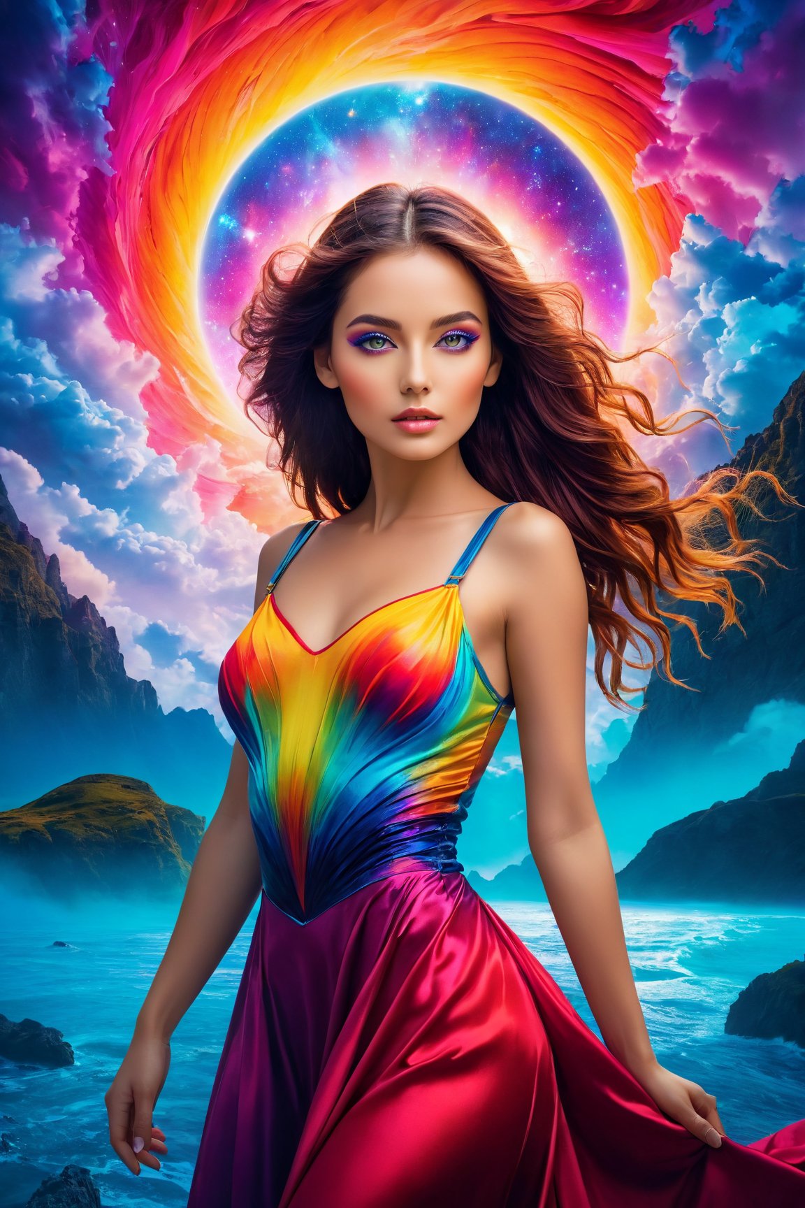 (photography:1.2), (vibrant and surreal:1.3), An extraordinary 8K photograph that transports a woman into a surreal, dreamlike world of vibrant colors and dramatic lighting. She stands amidst a fantastical, ethereal landscape that complements her finely detailed features, including her captivating eyes and flawless skin. The background is an otherworldly canvas of vivid, magical hues, creating a visually stunning and photorealistic masterpiece that merges the beauty of the subject with a surreal and vibrant environment.