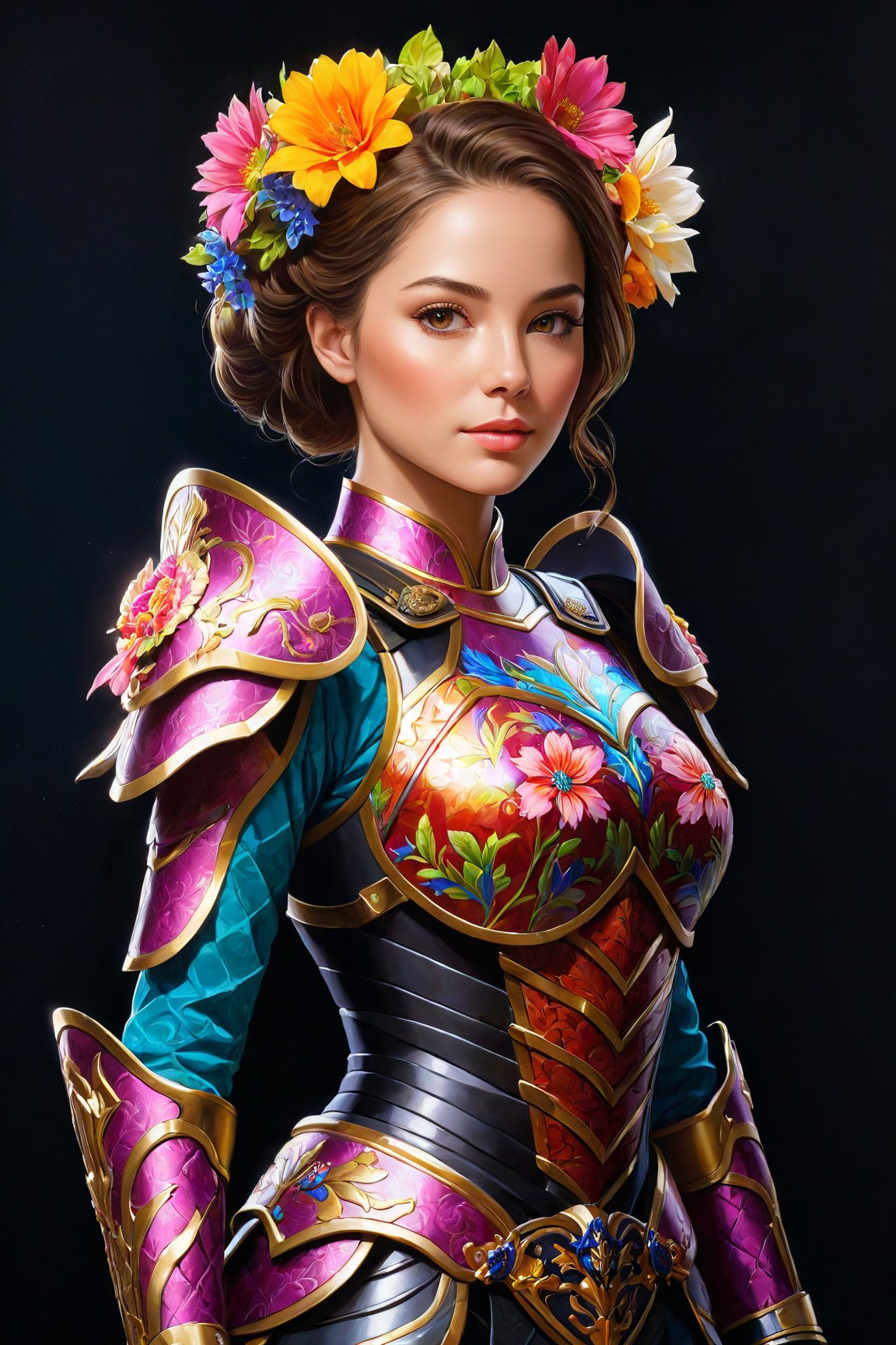 (best quality,  realistic,  high-resolution),  colorful portrait of a woman with flawless anatomy. She is wearing a stunning flower dress that compliments her vibrant personality. Her skin is extremely detailed and realistic,  with a natural and lifelike texture. The background is dark,  which creates a striking contrast to the colorful flowers adorning her armor. The flowers on her armor represent her strength and beauty. The lighting accentuates the contours of her face,  adding depth and dimension to the portrait. The overall composition is masterfully done,  showcasing the intricate details and achieving a high level of realism,  Realistic
