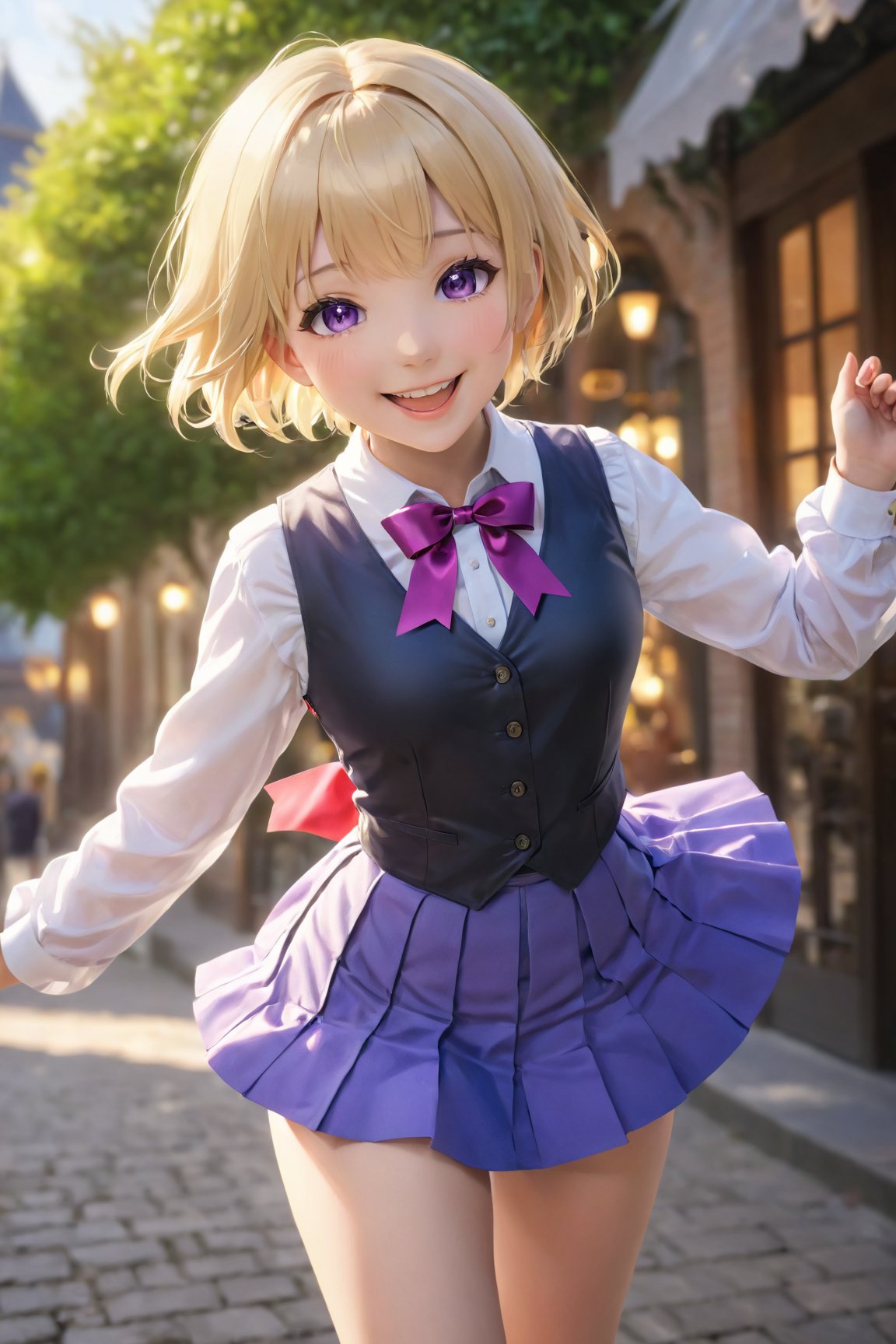 1girl,solo,blonde hair,outstretched arms,open mouth,skirt,ribbon,hair ribbon,shoes,underwear,vest,smile,mary janes,ascot,purple eyes,shirt,long sleeves,short hair,bloomers,(best quality,4k,8k,highres,masterpiece:1.2),ultra-detailed,(realistic,photorealistic,photo-realistic:1.37),HDR,UHD,studio lighting,ultra-fine painting,sharp focus,physically-based rendering,extreme detail description,professional,vivid colors,bokeh,portraits