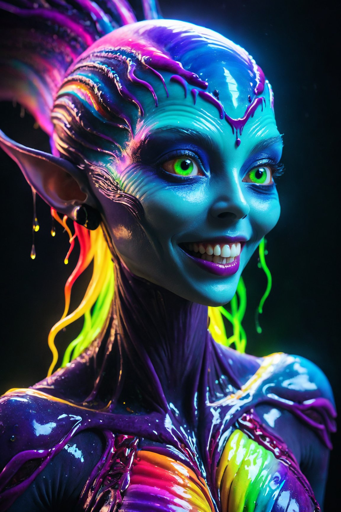 best quality,  8k,  ultra-detailed,  realistic:1.37,  vibrant colors,  vivid shading,  breathtaking portrait of an alien shapeshifter entity,  mesmerizing eyes,  intricate facial details,  otherworldly skin texture,  insane smile,  unnerving and intricate complexity,  surreal horror atmosphere,  dark shadows,  inverted neon rainbow drip paint,  ethereal glow,  hypnotic energy,  transcendent beauty,  mystical aura,  octane render