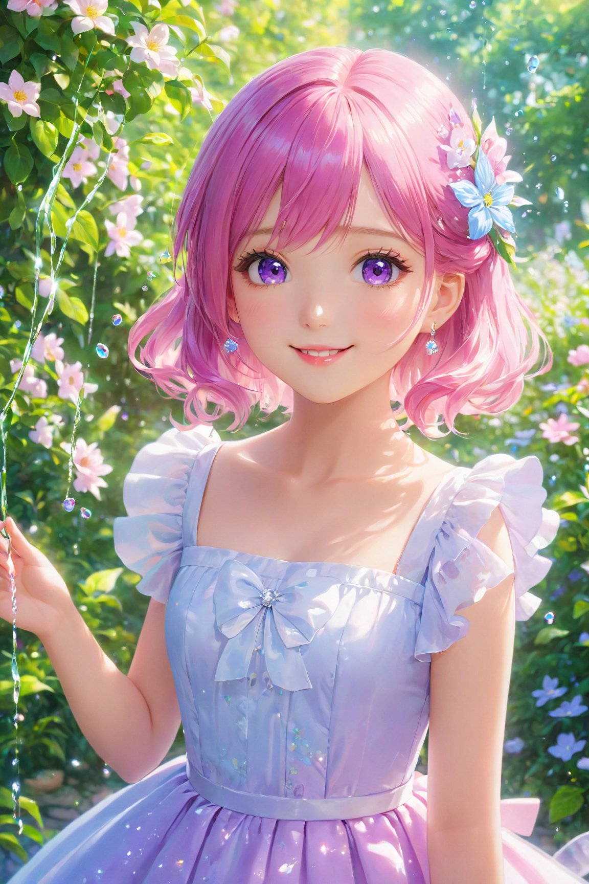 (best quality,4k,8k,highres,masterpiece:1.2),ultra-detailed,(realistic,photorealistic,photo-realistic:1.37),cute,sexy,anime,girl,purple eyes,pink hair,colorful,pastel colors,vibrant,painting-like,soft lighting,peaceful garden,blooming flowers,sparkling water,natural beauty,lively atmosphere,detailed facial features,shiny lip gloss,glossy hair texture,playful expression,feminine charm,flowing dress,charming pose,innocent smile,adorable accessories,sunlit background,tranquility,enchanting ambiance,harmonious composition,storybook-like scenery,fantasy elements,magical touch.