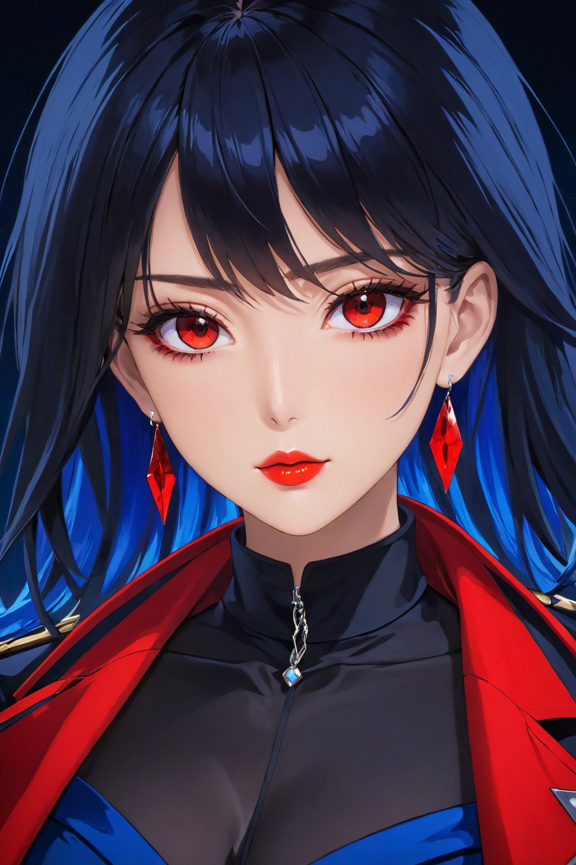 (best quality,highres),detailed eyes and face,red-eyed anime character,black-haired,beautiful detailed eyes,beautiful detailed lips,blue hourglass tip earrings,(long,long,long) blue hourglass tip earrings,red and black tone clothes,stylish and fashionable outfit,emphasis on cool and edgy,(vibrant,vivid,bold) colors,colorful fabric,clean and sharp lines,anime-style rendering,realistic shading,popular anime style,dynamic pose,focused gaze,strong and confident expression,background with futuristic elements,(dark,dramatic) lighting,cool blue and fiery red color scheme,impressive and eye-catching art style