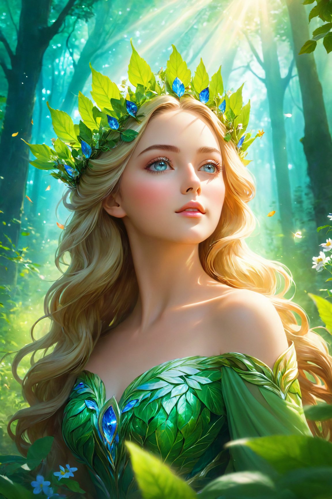 (best quality,  4k,  8k,  highres,  masterpiece:1.2),  ultra-detailed,  (realistic,  photorealistic,  photo-realistic:1.37),  nature goddess,  leaf body,  portrait,  greenery,  wildflowers,  breathtaking eyes,  serene expression,  graceful pose,  ethereal beauty,  luminous skin,  flowing hair,  elegant crown of leaves,  soft natural light,  vibrant colors,  mythical essence,  surreal atmosphere,  dreamlike aura,  harmonious connection with nature,  enchanted forest.