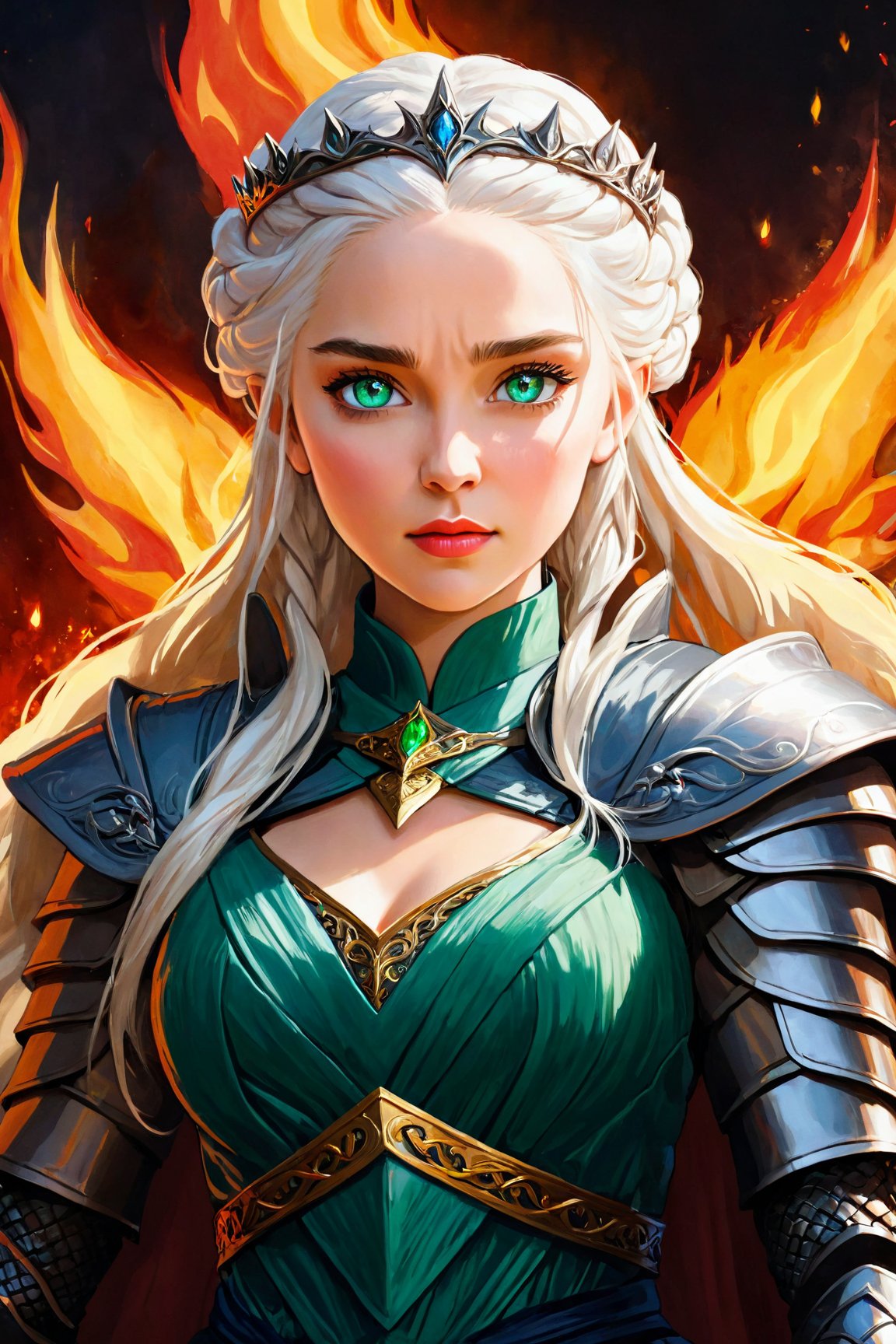 (daenerys targaryen),anime style,portrait,colorful fantasy scenery,dragon,iron throne,stormborn,braided silver hair,regal crown,emerald eyes,powerful queen,fire and blood,scale armor,dark background,expressive eyes,proud and confident expression,flames dancing around her,realistic lighting,epic battle scene,vivid colors,emotionally charged,beautifully detailed costume,mesmerizing gaze. (best quality,ultra-detailed,realistic:1.37),intricate details,gorgeous hand-painted textures,imaginative world,fierce determination.