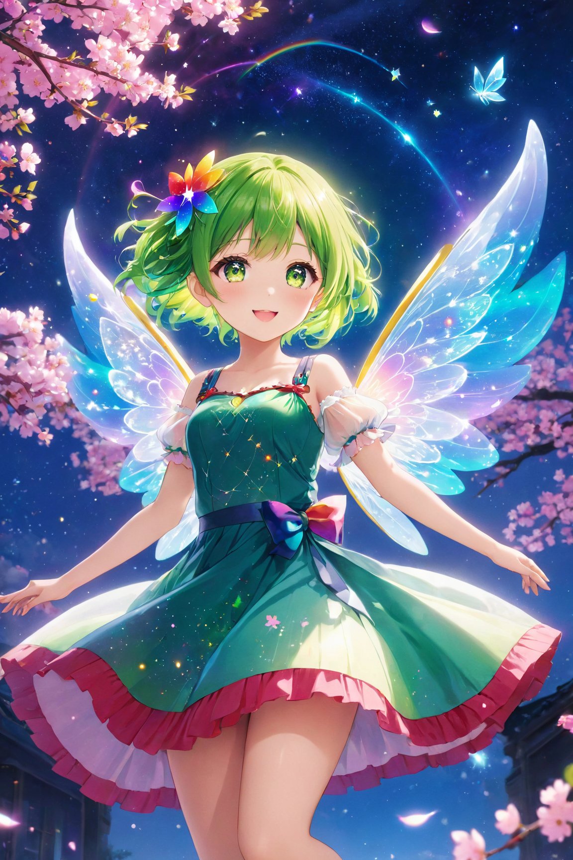 (best quality,4k,8k,highres,masterpiece:1.2),ultra-detailed,(realistic,photorealistic,photo-realistic:1.37),anime,girl,beautiful detailed eyes,beautiful detailed lips,extremely detailed eyes and face,longeyelashes,green eyes,rainbow hair,sexy smile,sexy dress,vivid colors,lively background,shining rainbow colors,soft lighting,sparkling eyes,colored hair strands,expressive body language,charming pose,cute and stylish outfit,playful atmosphere,manga style,fantasy elements,constellation patterns,floating cherry blossoms,fairy wings,magical aura,anime-like girl with vibrant colors,emitting cheerful energy,subtle blush,natural beauty,graceful movements