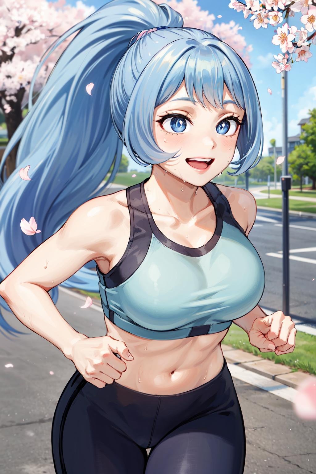masterpiece,best quality,highres,ultra-detailed,bbnejire,blue eyes,blue hair,long hair,large breasts,<lora:hadou_nejire:0.8>,sports bra,(leggings:1.2),outdoors,cherry blossoms,smile,sweat,running,ponytail,