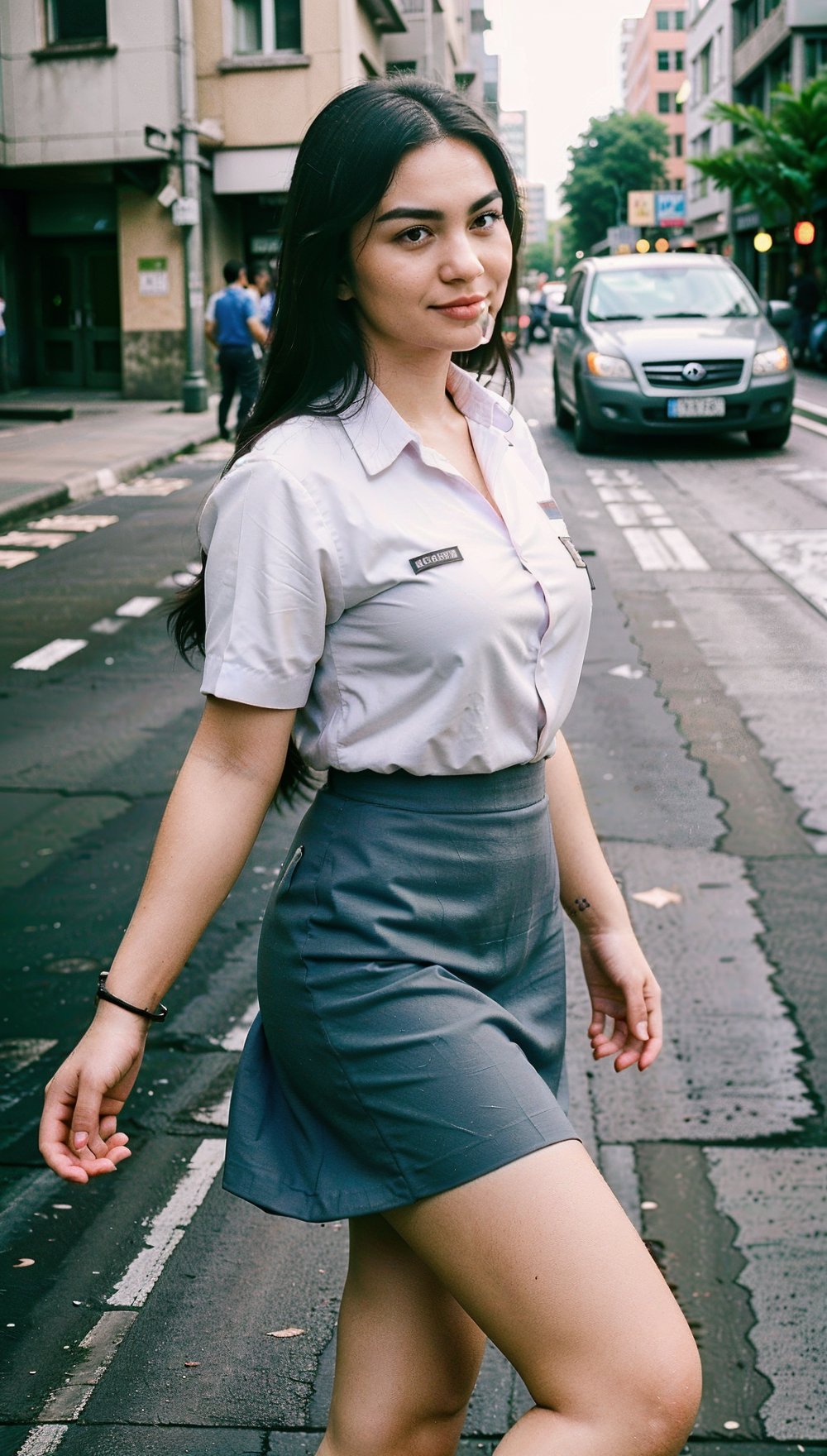 Beautiful woman with long brown hair, 18 years old, well-built, has a mole above her lip, ideally wearing a high school uniform, short-sleeved white shirt, long gray skirt past her knees, not too big chest, walking in the middle. city. buzz, sharp looks, high quality photography, street cinema