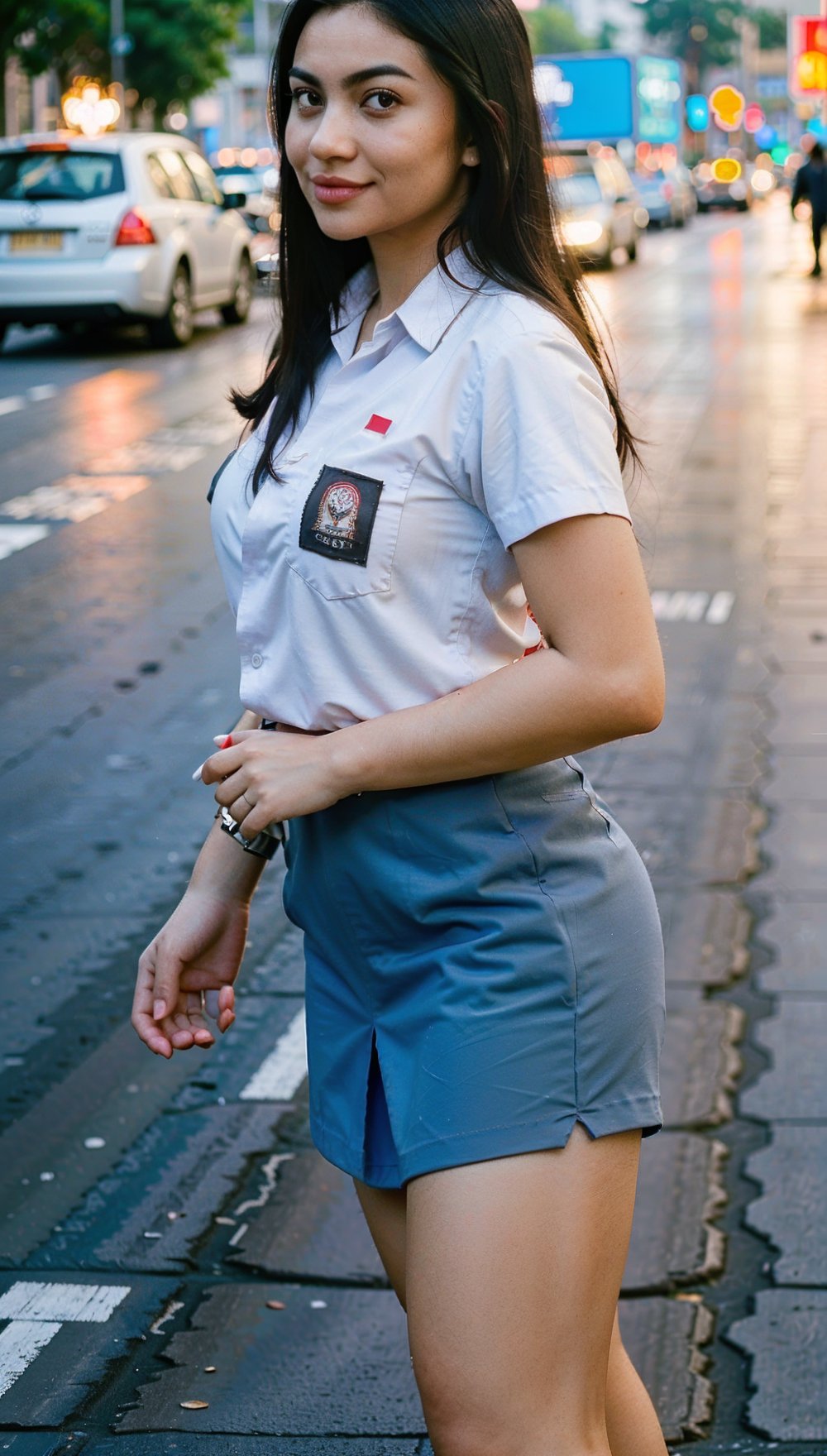 Beautiful woman with long brown hair, 18 years old, well-built, has a mole above her lip, ideally wears a high school uniform and wears a short-sleeved white shirt combined with a jeans vest, long gray skirt past the knees, chest is not too big, walks in the middle of the road. middle. city. buzz, sharp looks, high quality photography, street cinema