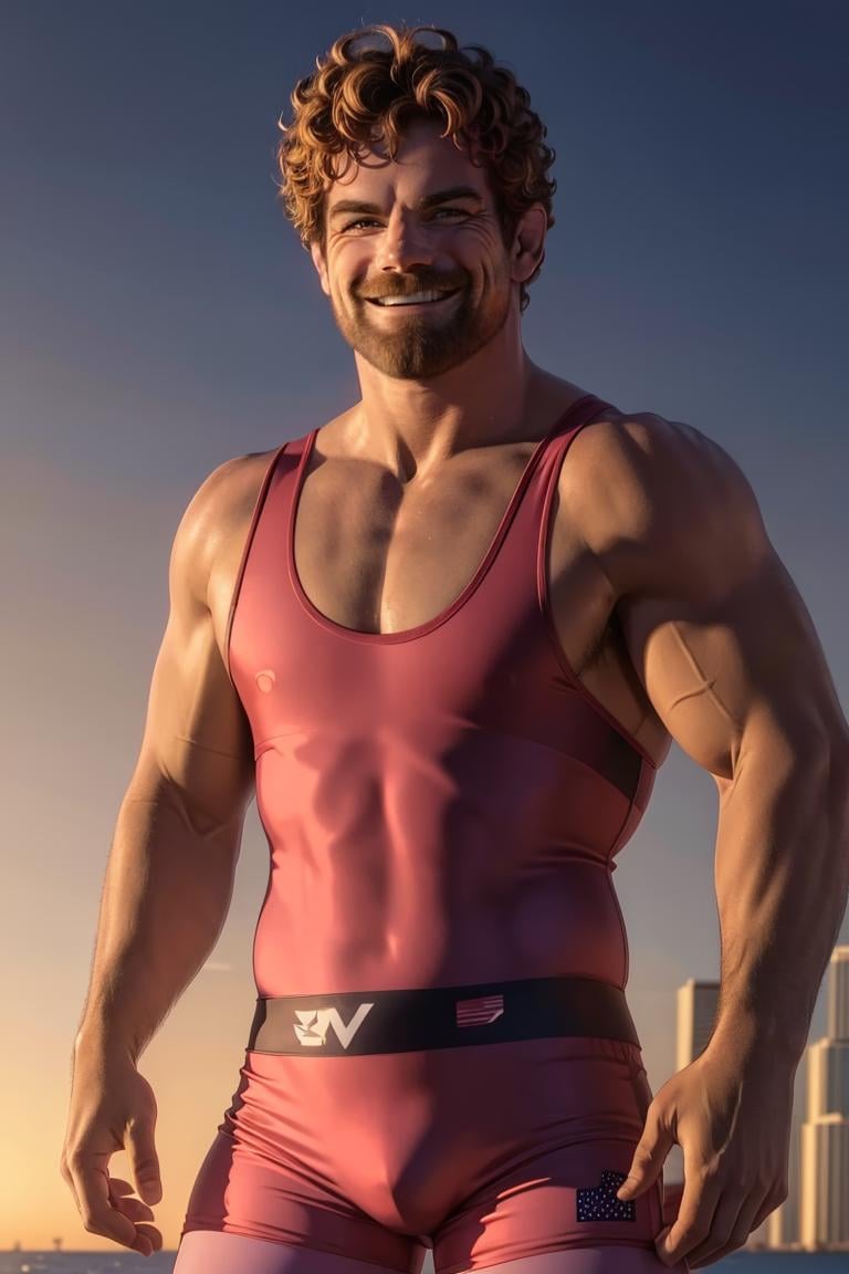 photo of person,  1guy,  solo,  man, smiling,  grin,  muscular,  male,  Miami,  (sleeveless shirt,  pink shorts),  ,  looking to viewer,  full body,  sunset,  cinematic lighting,  detailed face,  detailed eyes,  masterpiece,  high_res,  perfect face,  ,  High detailed,  , High detailed,<lora:EMS-238173-EMS:1.000000>