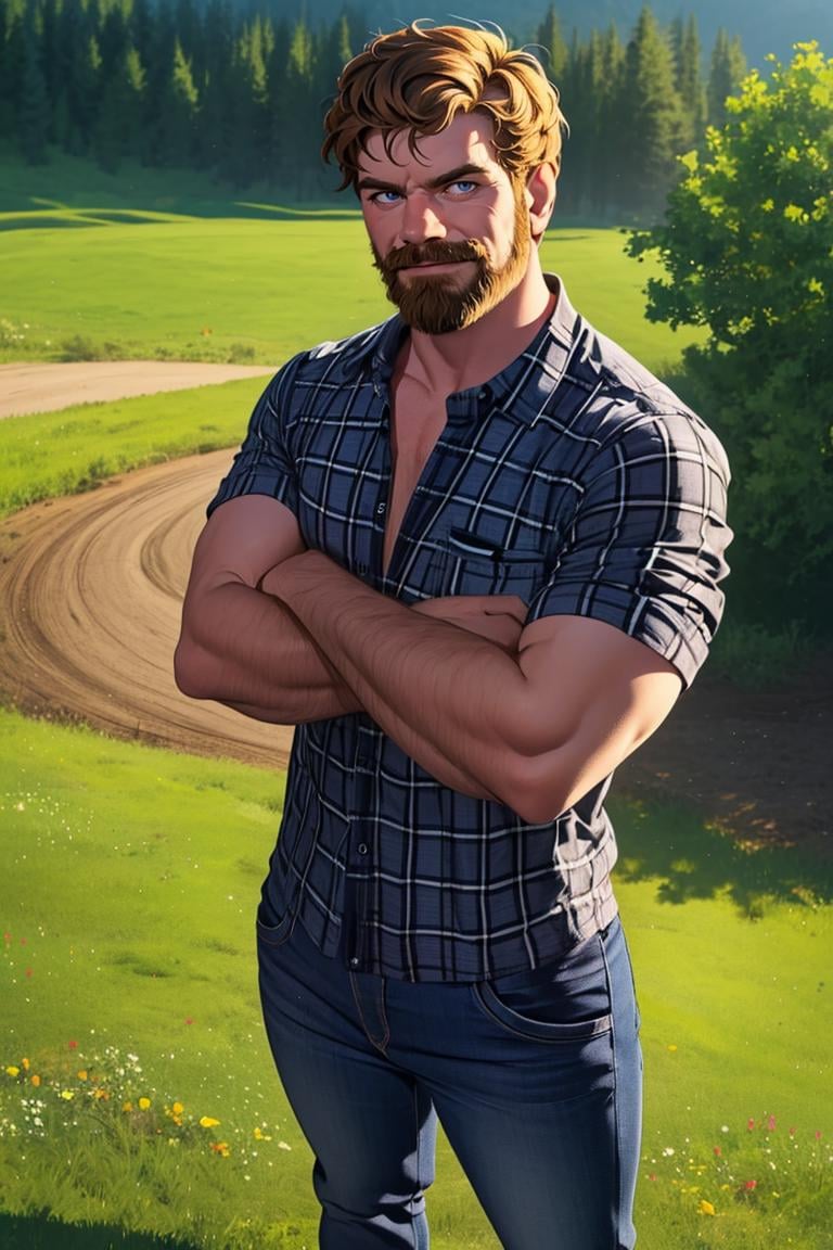 (masterpiece,  best quality:1.2),  man,  beard,  smirk,  crossed arms,  (depth of field:1.1),  ,  photo of person,  plaid shirt,  denin pants,  standing,  at the farm,  view from above,  , masterpiece,  highness,  perfect face,  perfect picture,  detailed eyes,  sharp focus,  muscular, High detailed view,<lora:EMS-238173-EMS:1.000000>